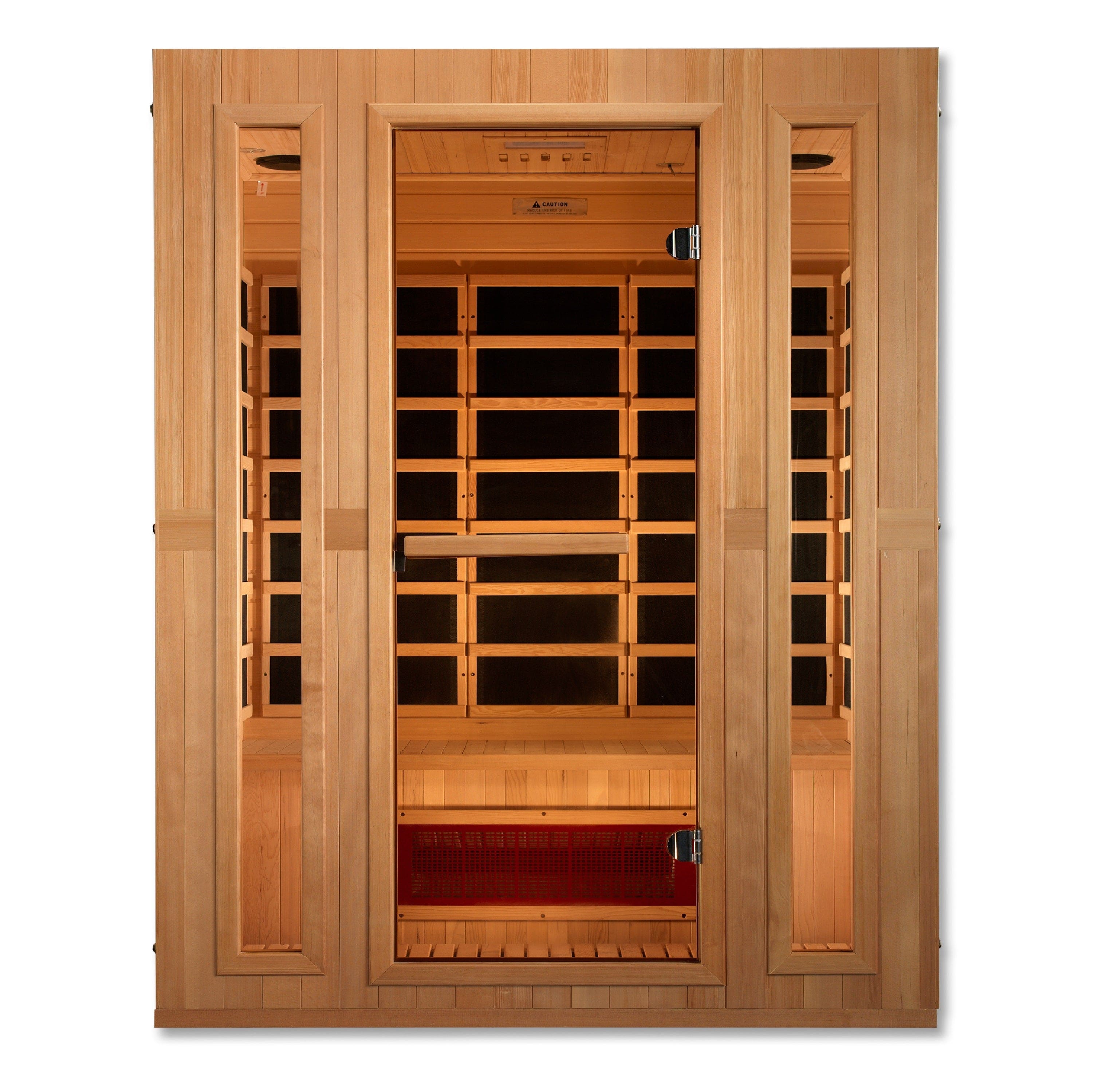 3-person Maxxus Trinity Infrared Sauna MX-LS3-01 with Dual Tech Low EMF heating, Canadian Hemlock wood, designed for home spa relaxation and detox therapy.