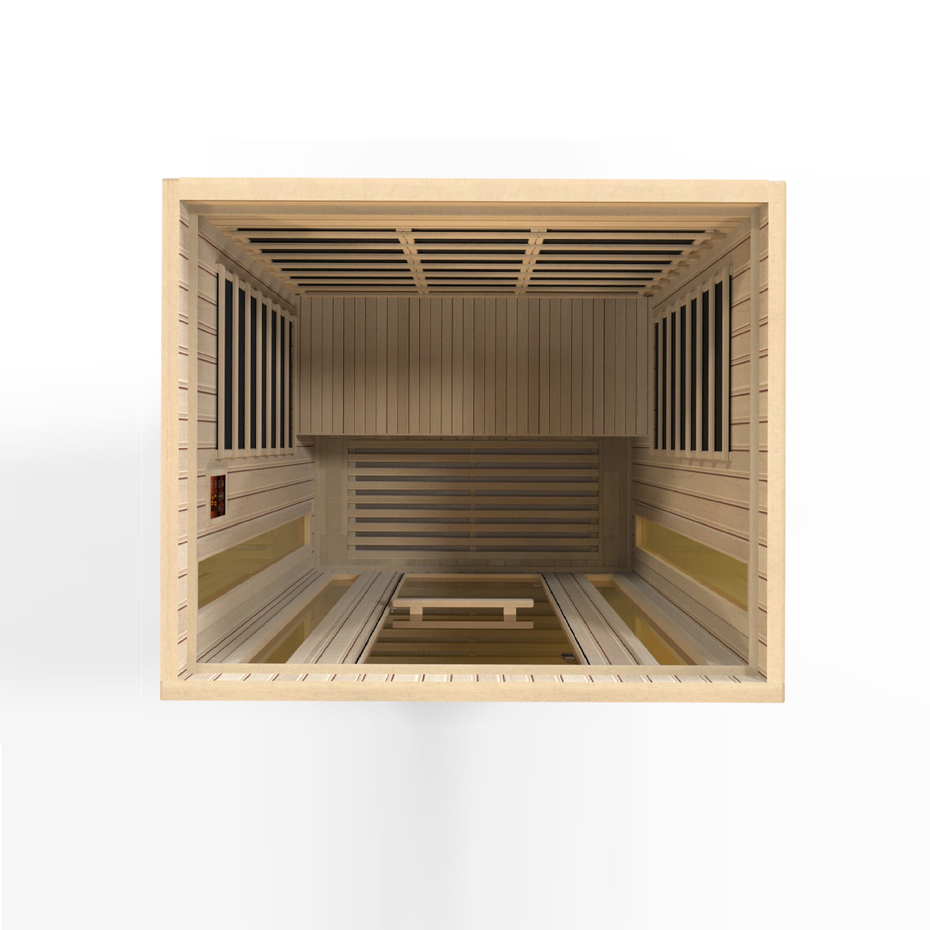 Maxxus Trinity indoor infrared sauna for 3 persons, built with Canadian Hemlock wood and advanced Dual Tech Low EMF heating panels.