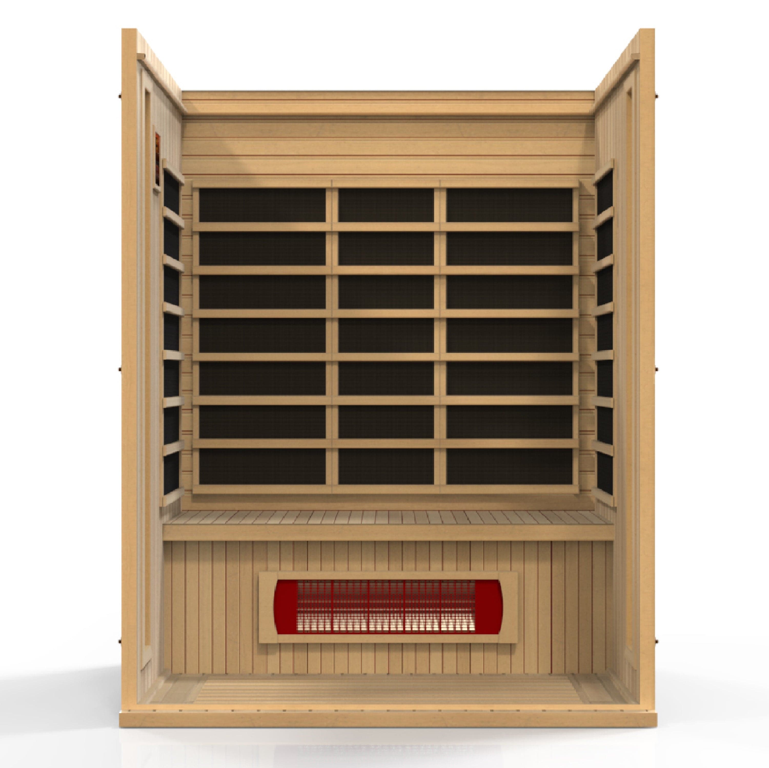 3-person Maxxus MX-LS3-01 infrared sauna featuring Dual Tech low EMF heaters, Canadian Hemlock construction, and modern home wellness design.