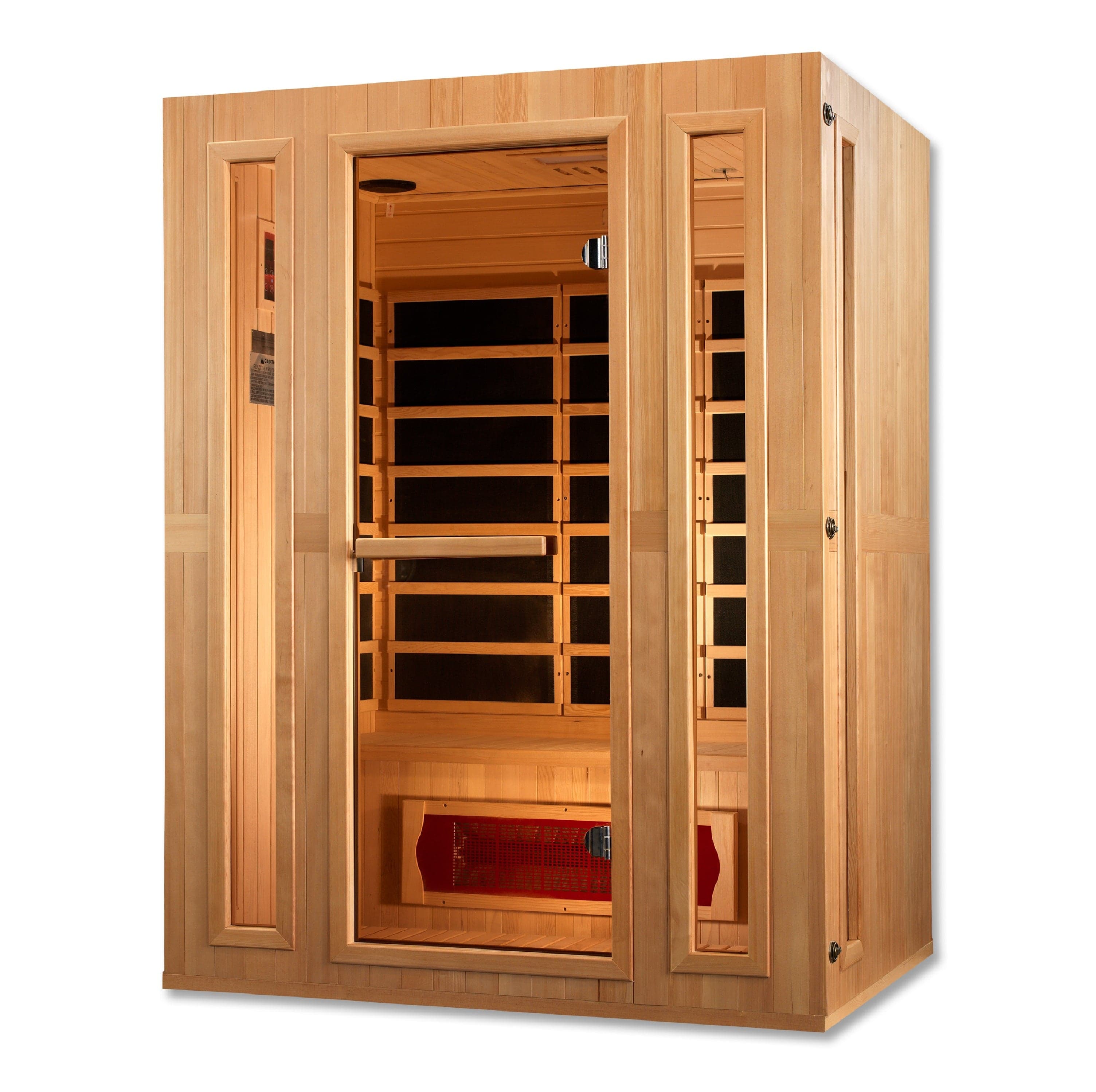 Maxxus 3-person Trinity Dual Tech infrared sauna in Canadian Hemlock wood for home relaxation and wellness.