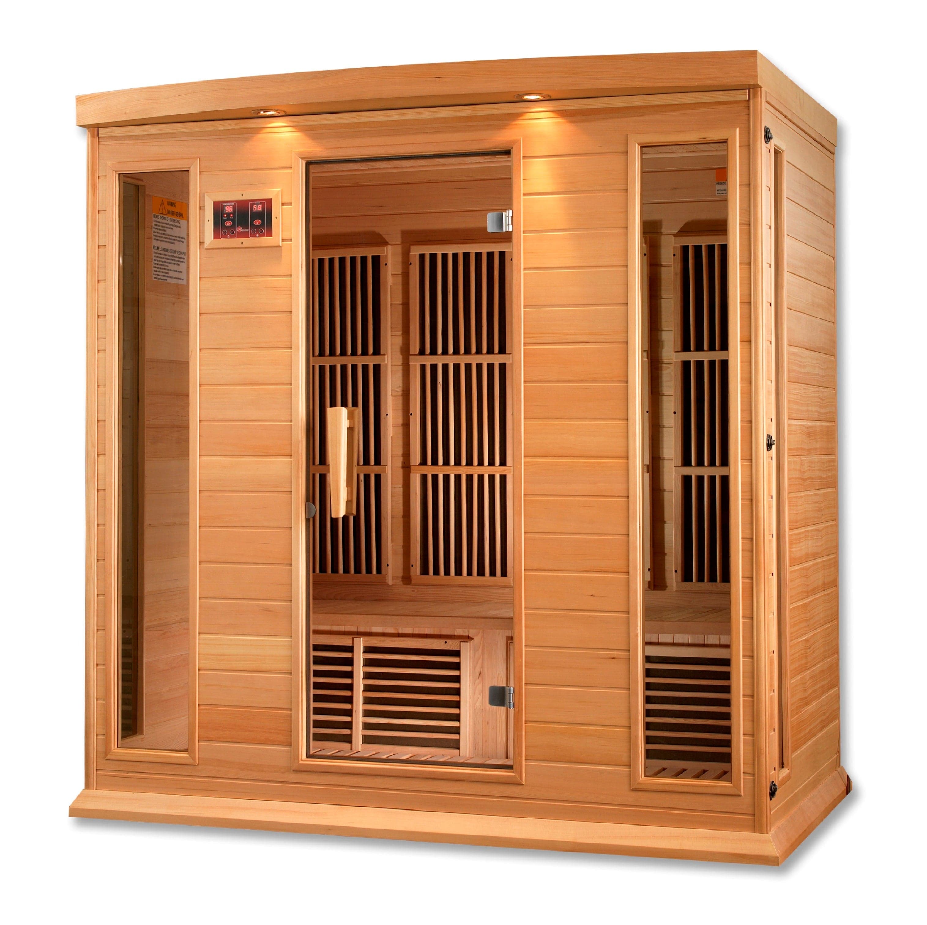 Spacious Maxxus 4-person infrared sauna with low EMF heating system, Canadian hemlock wood construction, and built-in chromotherapy lights for relaxation