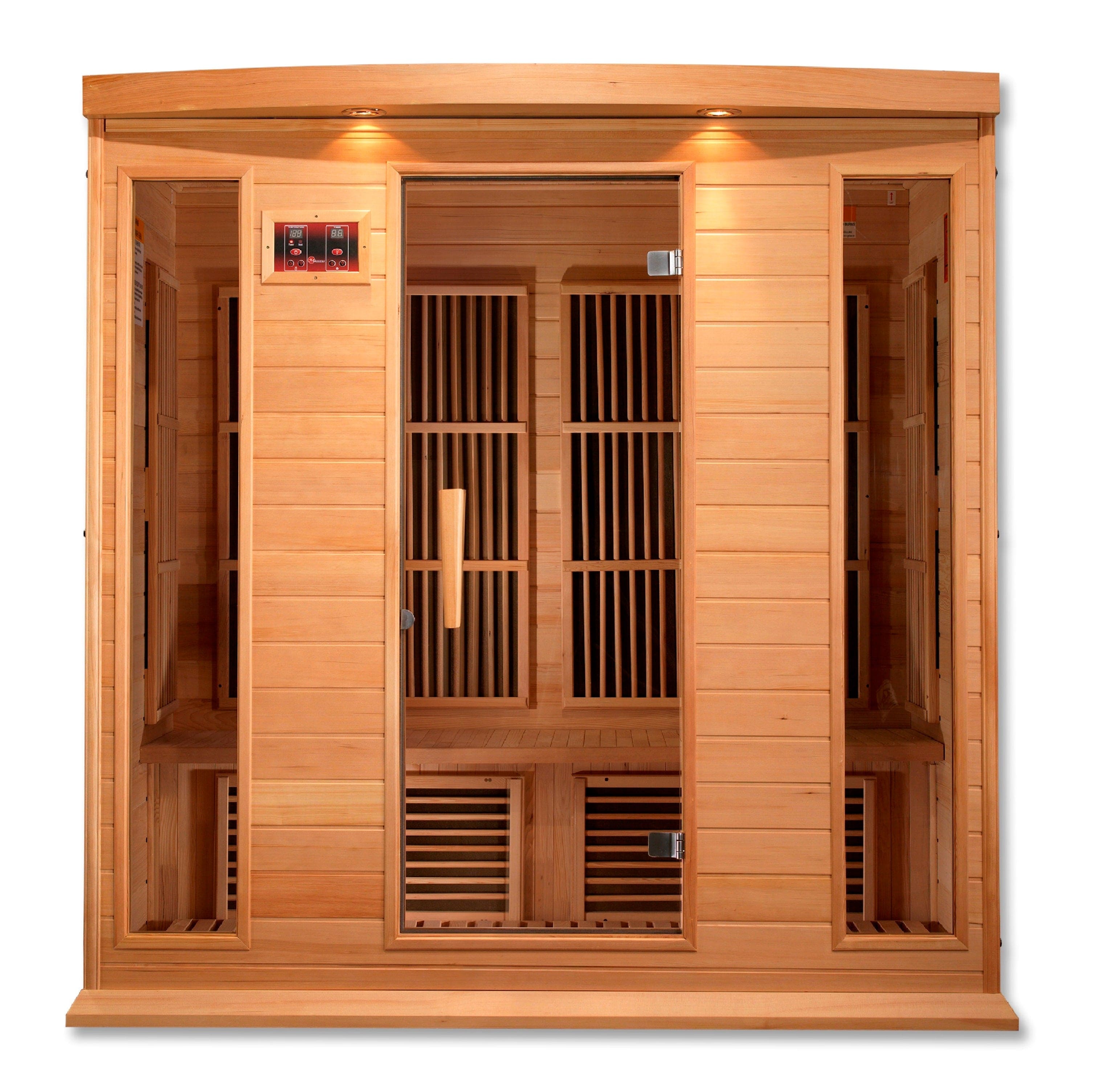 Maxxus 4-person low EMF far infrared sauna crafted from Canadian hemlock wood with chromotherapy lighting and modern glass door design for home spa wellness
