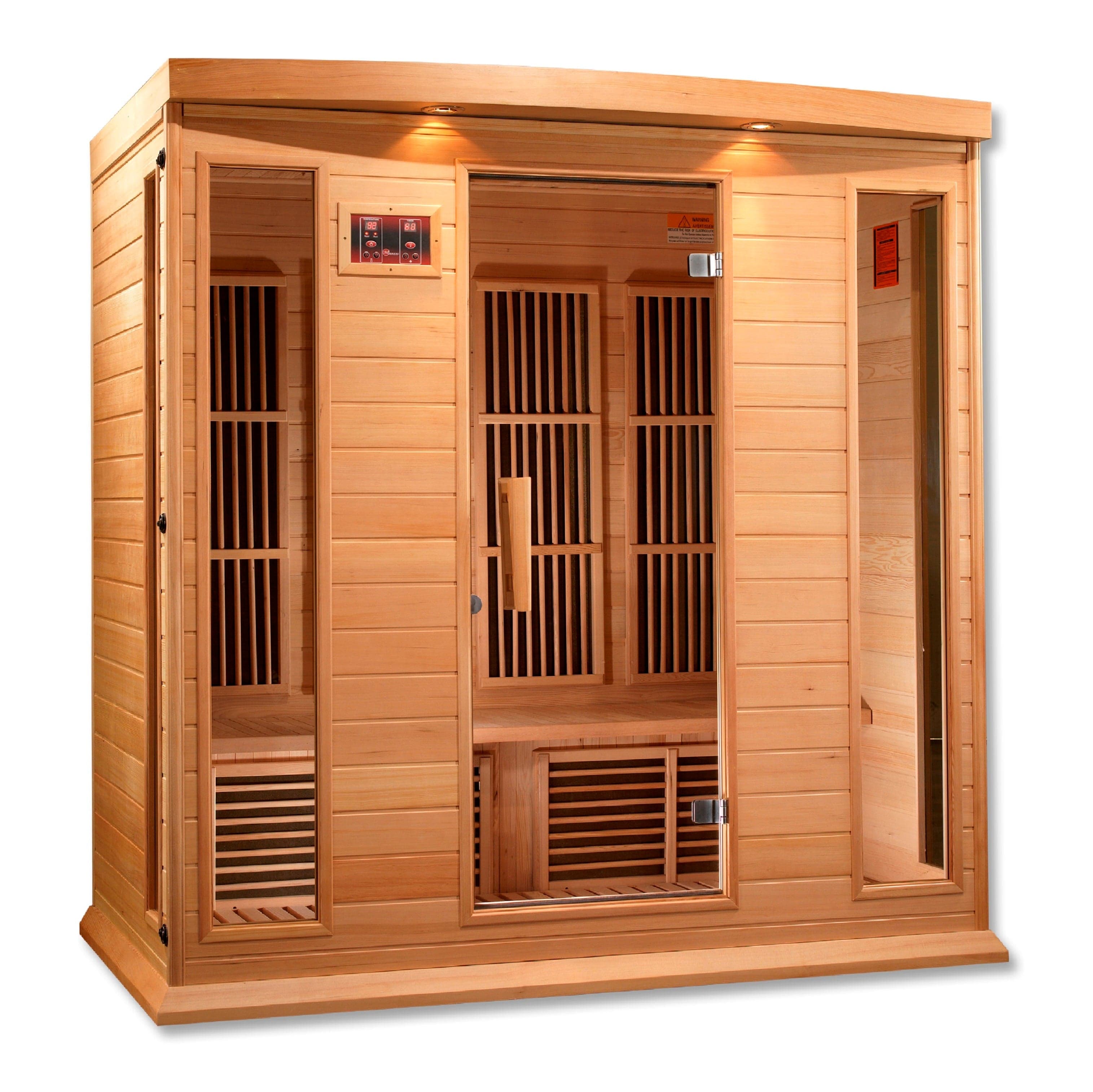 MX-K406-01 Maxxus 4-person low EMF far infrared sauna made from Canadian hemlock wood with chromotherapy lighting and glass design for home relaxation and wellness