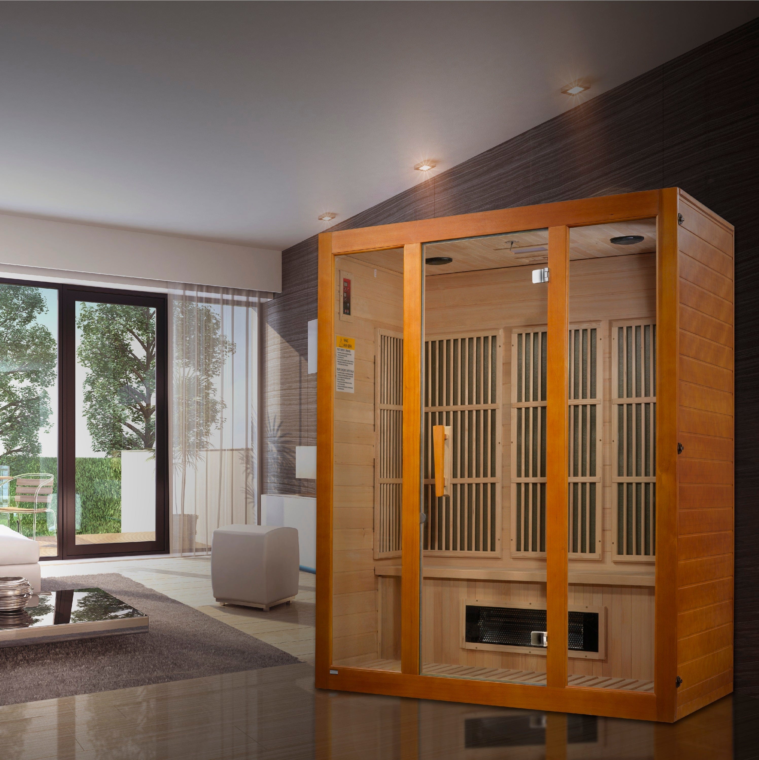 Maxxus MX-J306-02S Alpine infrared sauna for 3 people featuring FAR infrared heating and elegant space-saving home spa design