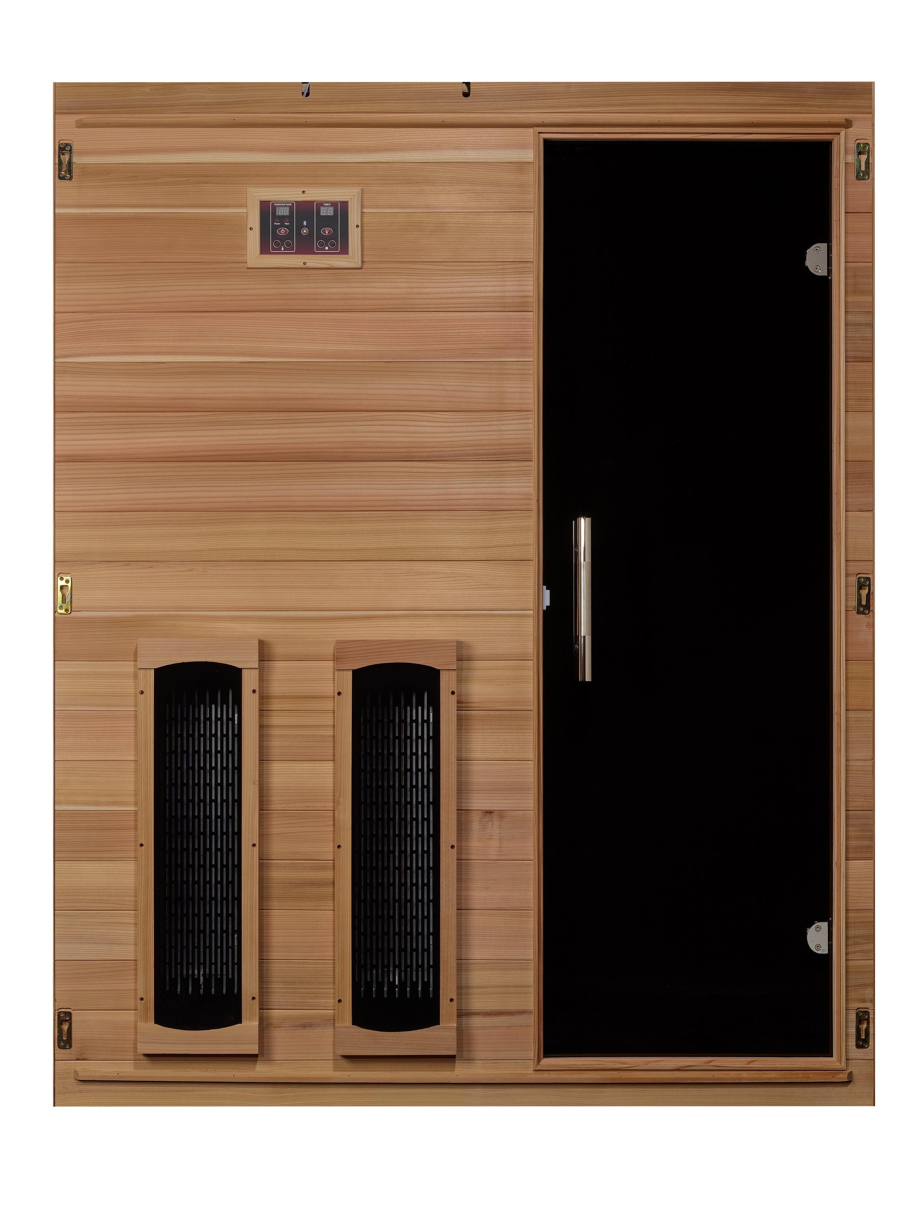 Golden Designs MX-S306-01-FS-PC infrared sauna cabin designed for 3 people, built with natural cedar wood and full spectrum heaters for deep tissue heat therapy and recovery.