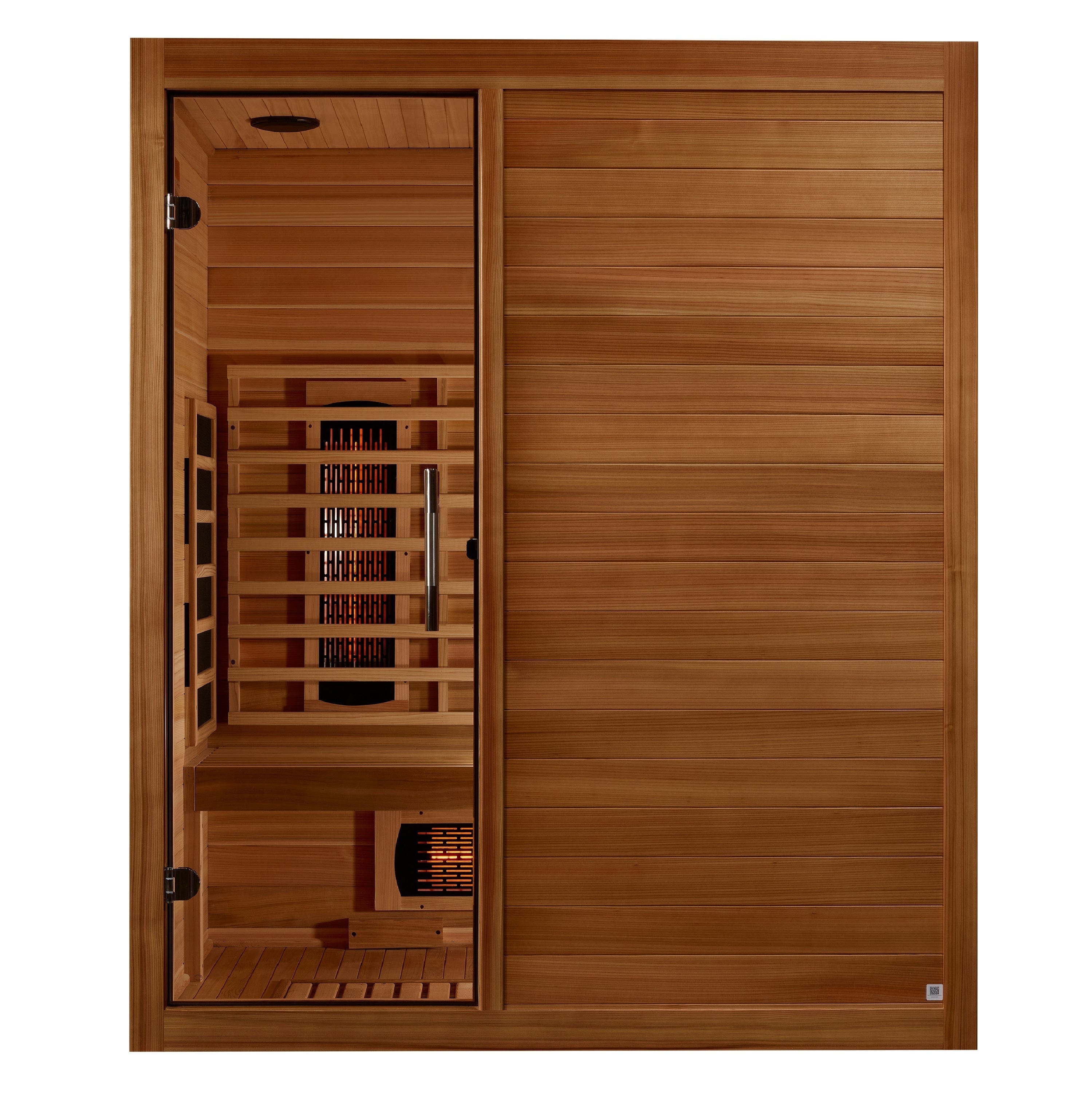 Golden Designs Maxxus S-Line 3-person full spectrum infrared sauna with Pacific cedar wood construction, ergonomic seating, and advanced low EMF heating technology for home spa relaxation.