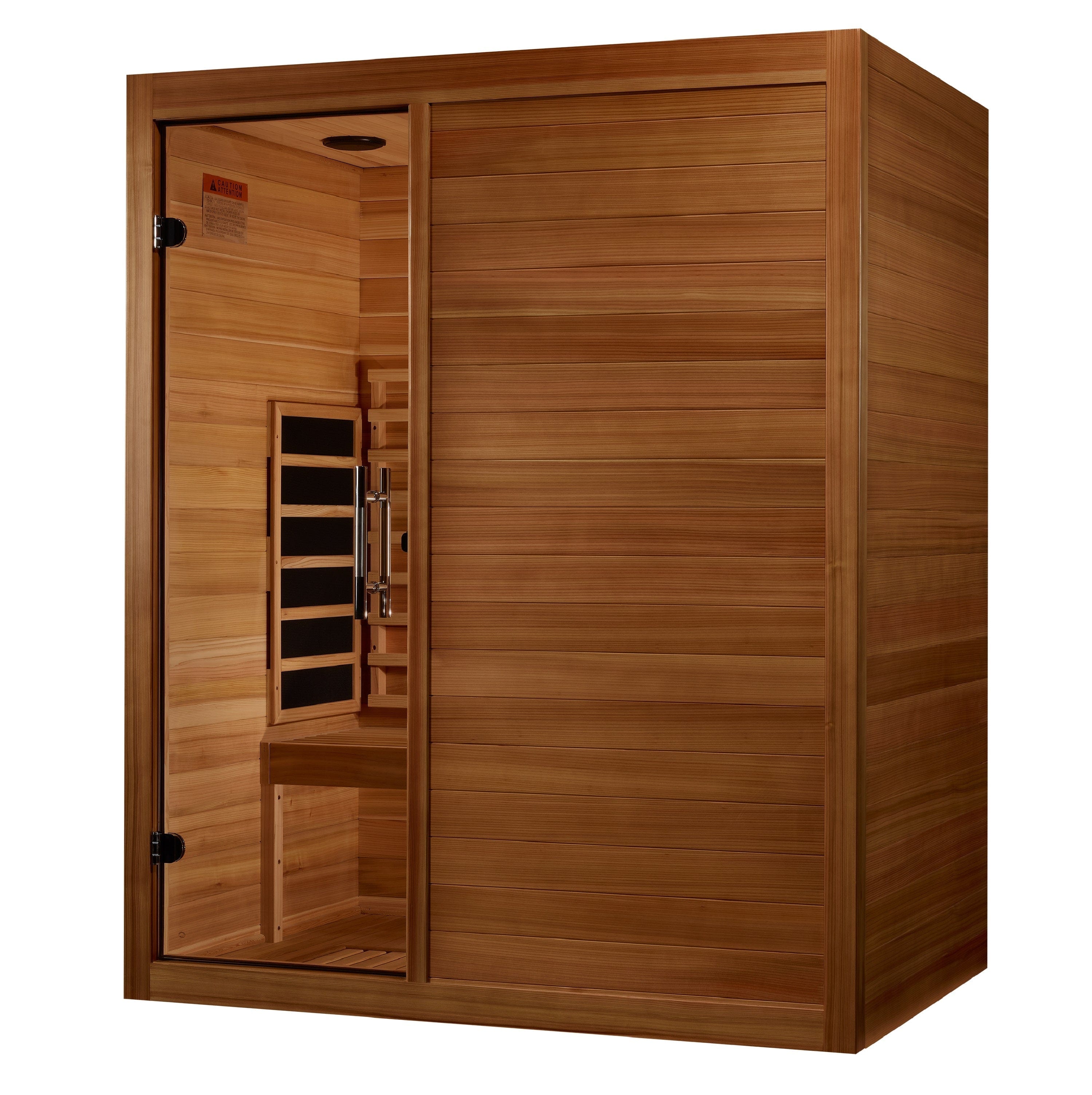 3-person Maxxus full spectrum infrared sauna by Golden Designs S-Line featuring Canadian cedar wood, chromotherapy lighting system, and Bluetooth speakers for a luxury wellness experience.