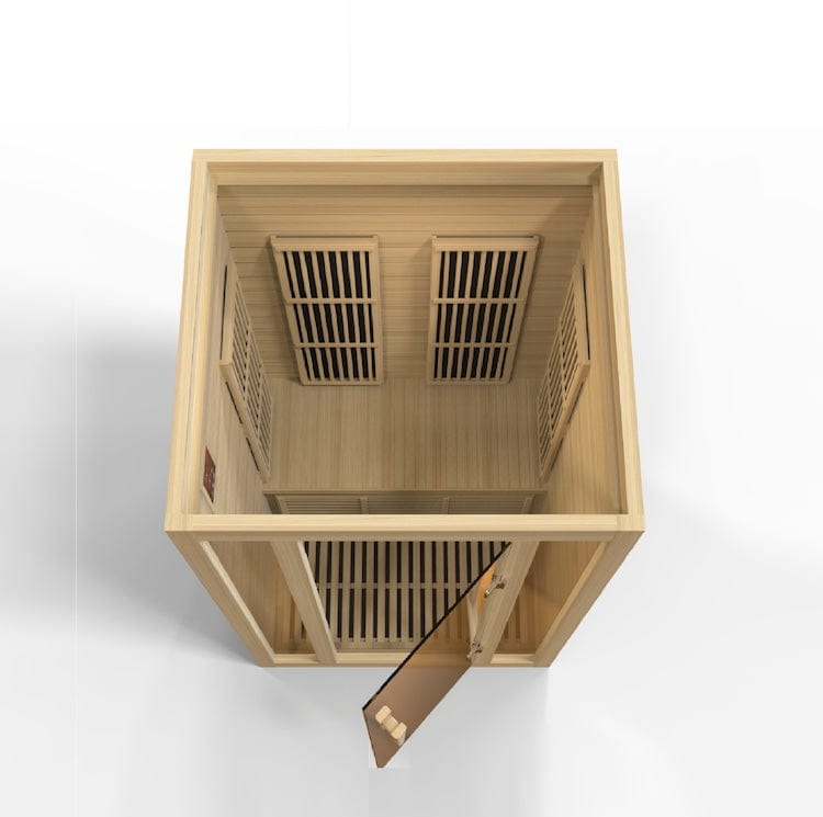 Maxxus MX-J206-01-ZF infrared sauna designed for two people with chromotherapy lighting and advanced low-EMF performance.
