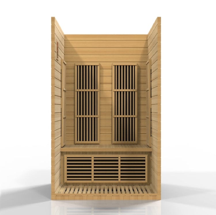 Maxxus Seattle 2-Person FAR Infrared Sauna with Near Zero EMF heating panels and premium Canadian Hemlock wood construction.