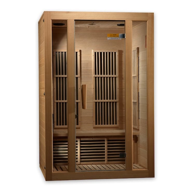 Maxxus MX-J206-01-ZF 2-Person Infrared Sauna featuring Near Zero EMF technology, Canadian Hemlock construction, color therapy lighting, and a relaxing indoor spa experience.