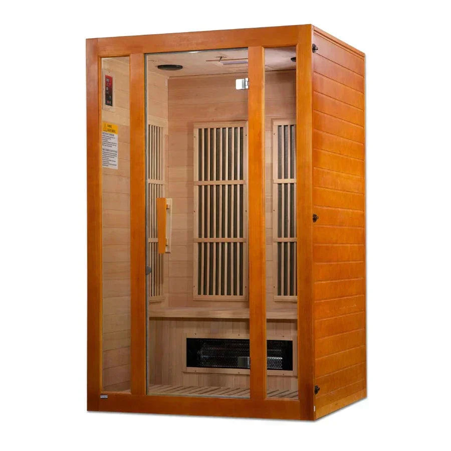Compact Maxxus Aspen 2-person far infrared sauna with Dual Tech heating system, Canadian Hemlock construction, and modern glass design for indoor relaxation