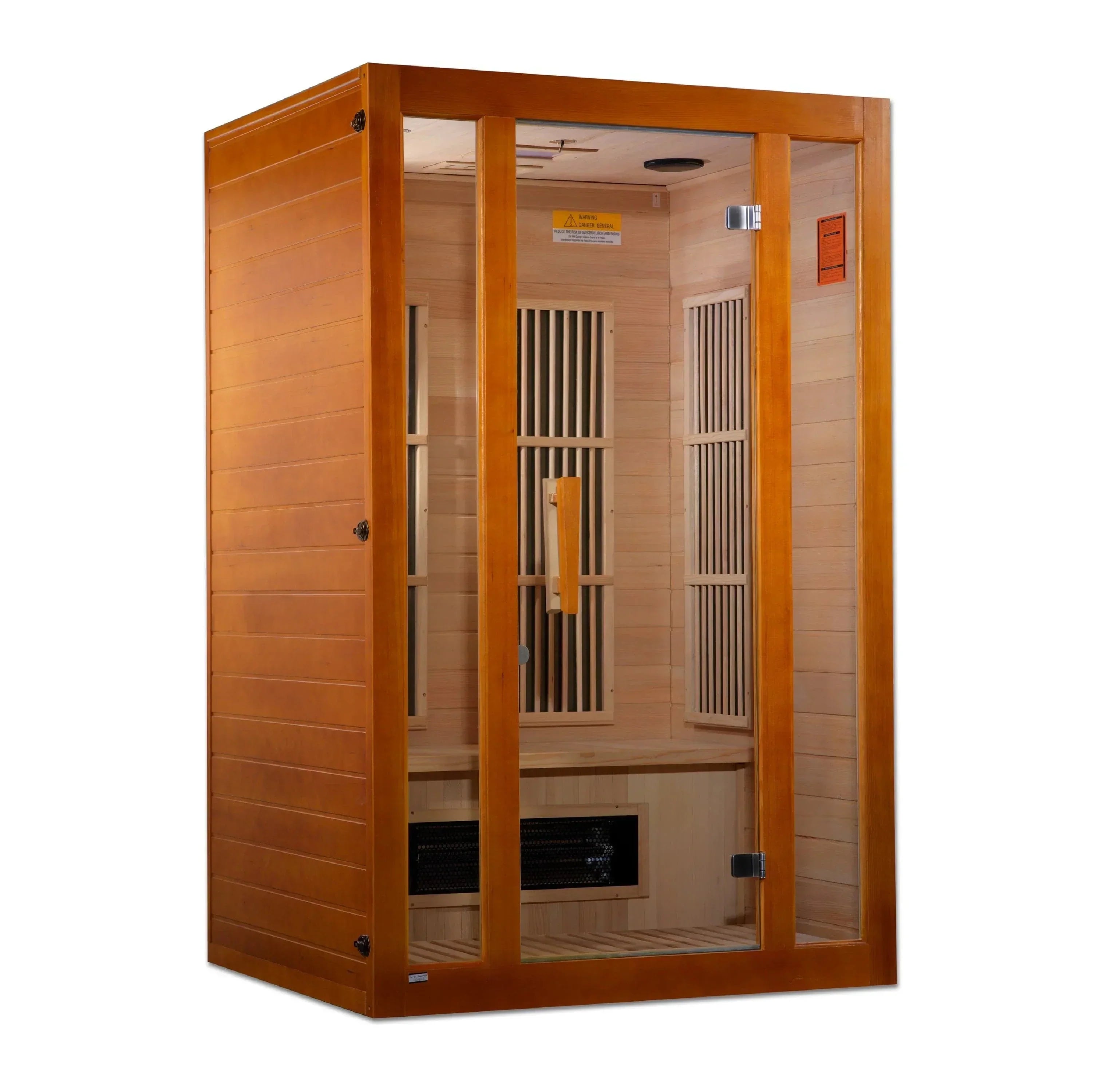 MX-J206-02S Maxxus Aspen 2-person Dual Tech low EMF far infrared sauna crafted from Canadian Hemlock wood, featuring tempered glass door and chromotherapy lighting for a modern home wellness experience.