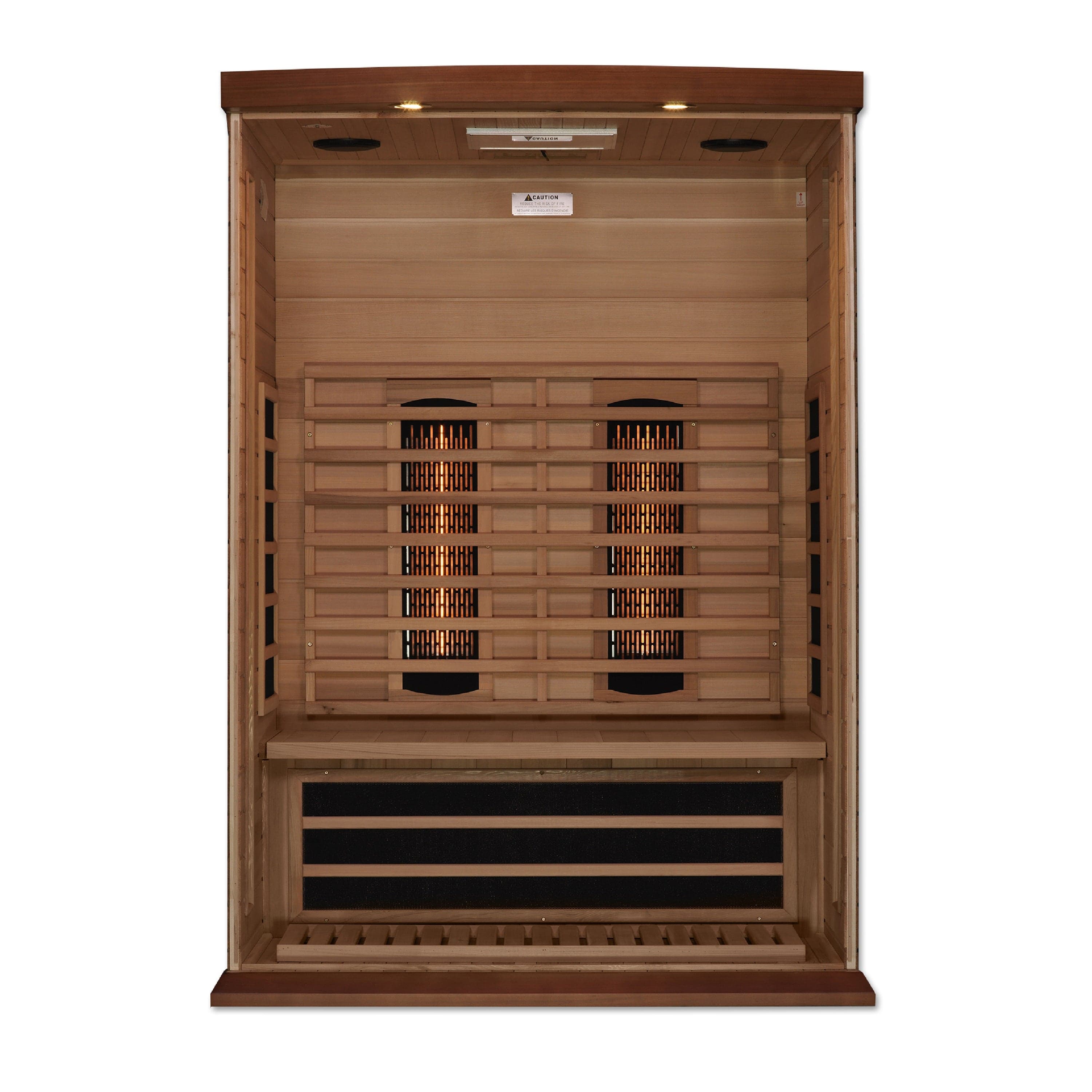Maxxus MX-M206-01-FS cedar infrared sauna for two people with full spectrum infrared technology and low EMF heating panels for home spa use.