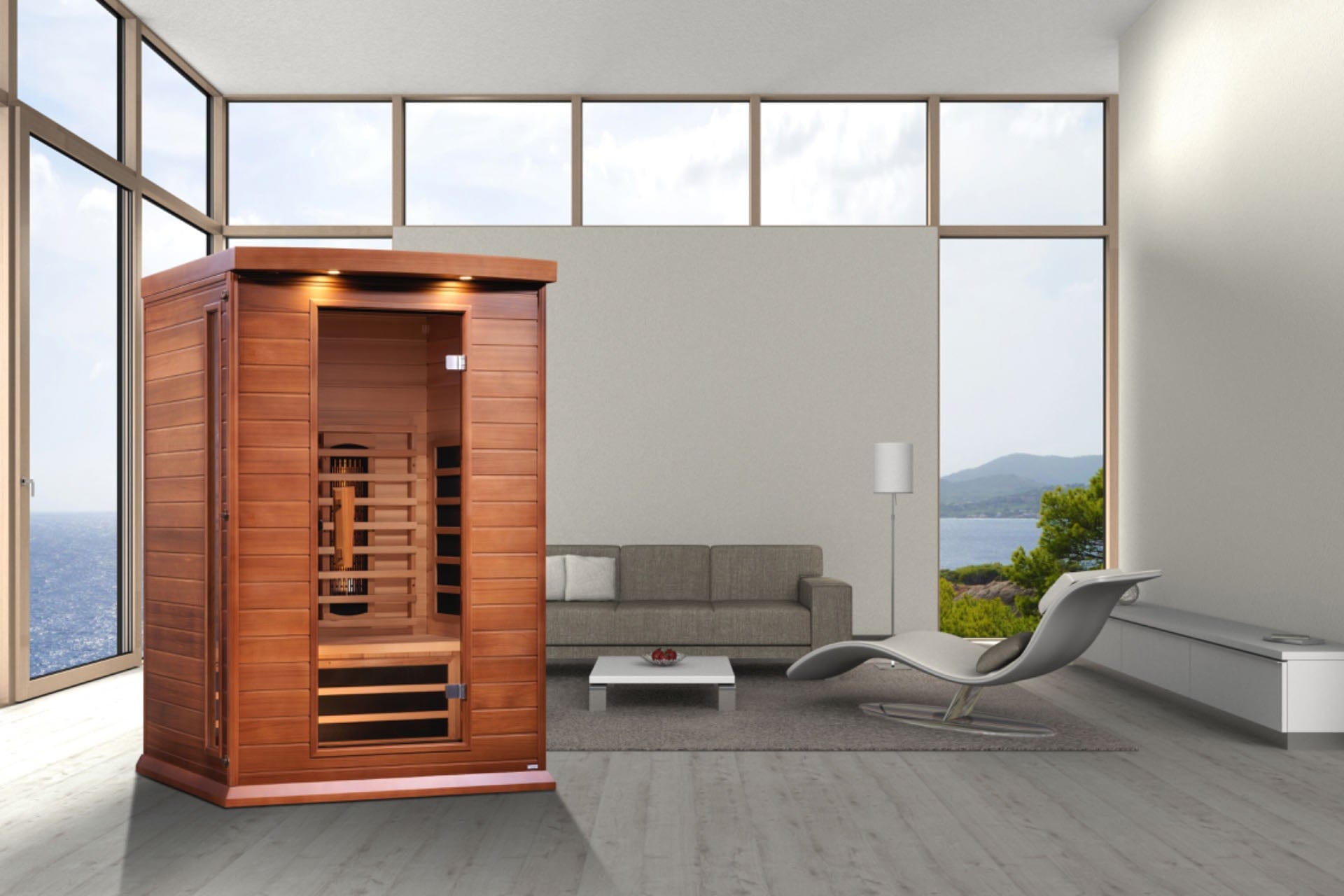 Compact 2 person full spectrum infrared sauna by Maxxus crafted from Canadian red cedar with privacy glass and integrated wellness lighting system.