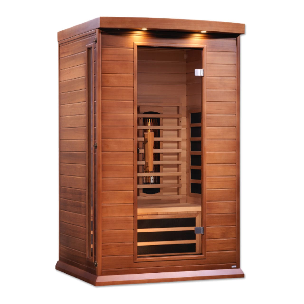 2-person Maxxus full spectrum infrared sauna in premium Canadian red cedar wood with chromotherapy lighting and Bluetooth audio system for relaxation.