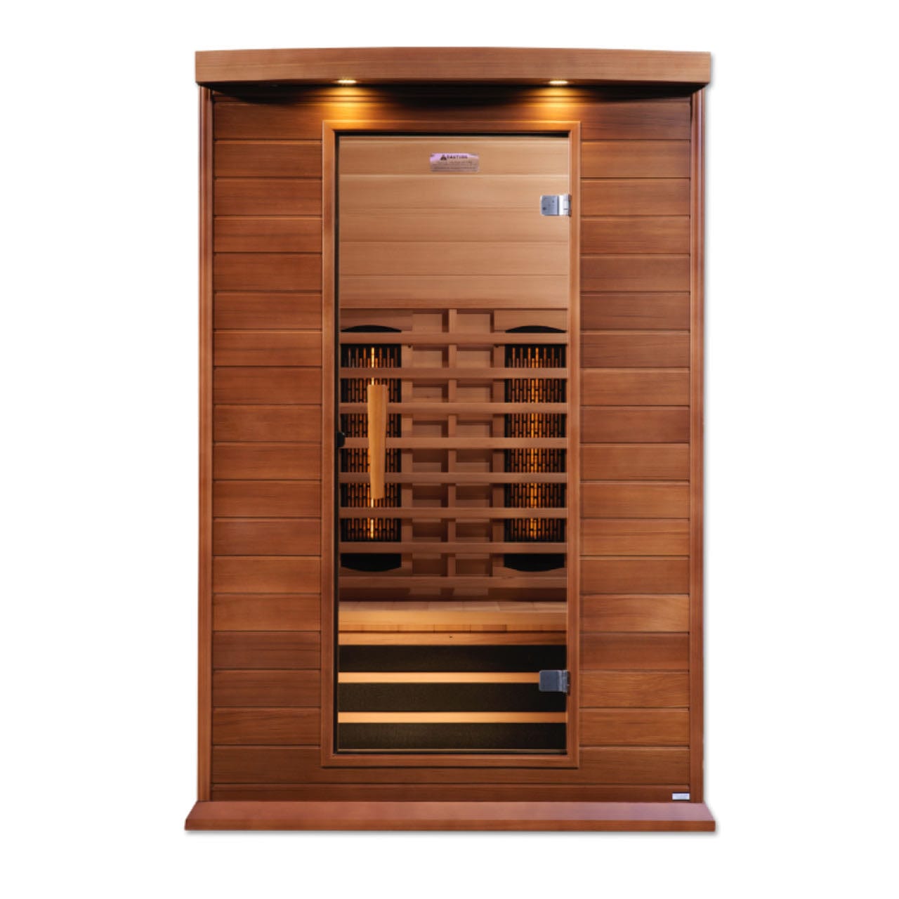 Maxxus 2 Person Full Spectrum Infrared Sauna made with Canadian Red Cedar featuring near zero EMF heating and built-in floor heater for home wellness.