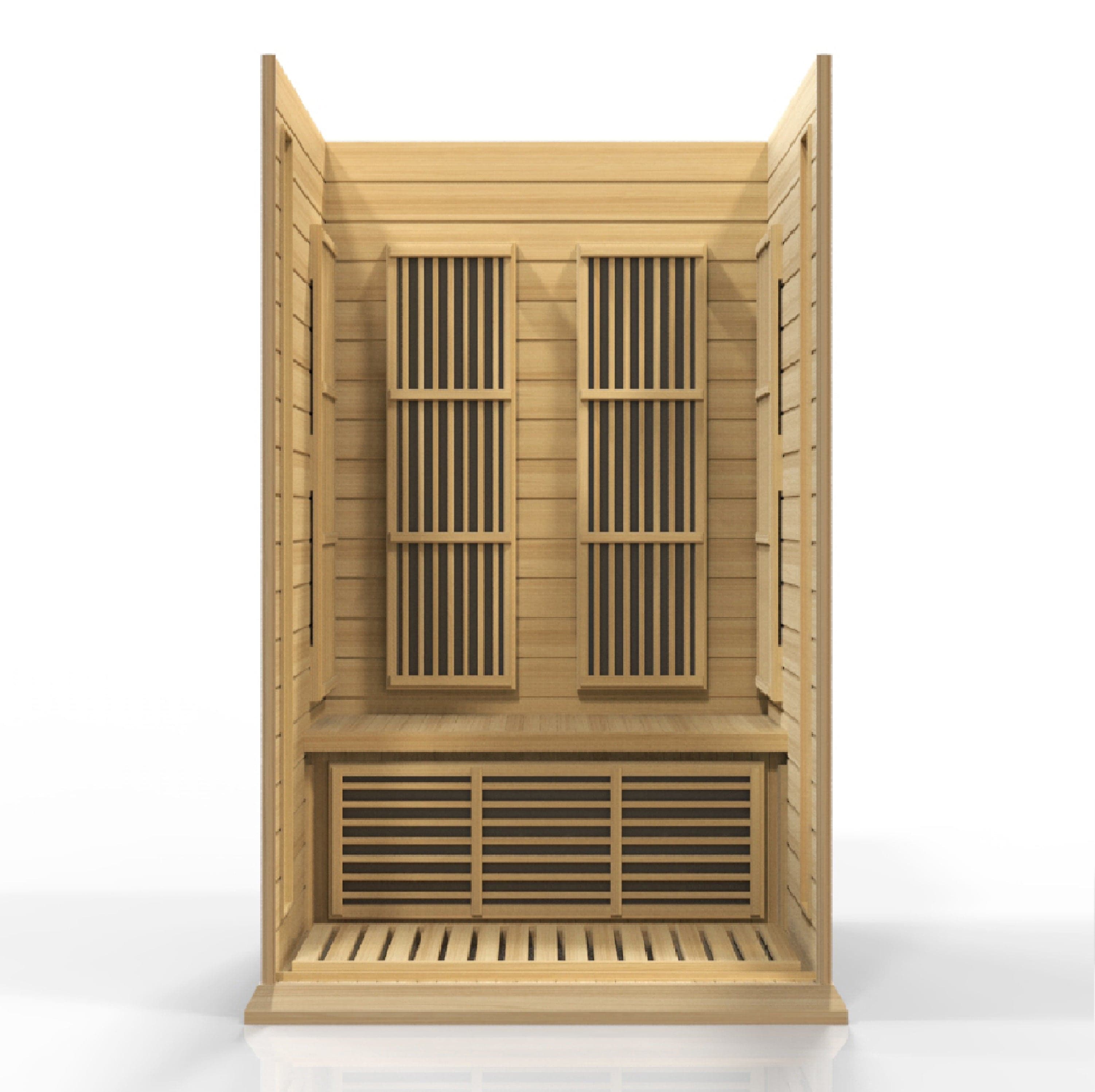 Compact Maxxus 2-Person FAR Infrared Sauna with low EMF technology and natural Canadian Hemlock wood for indoor wellness use.