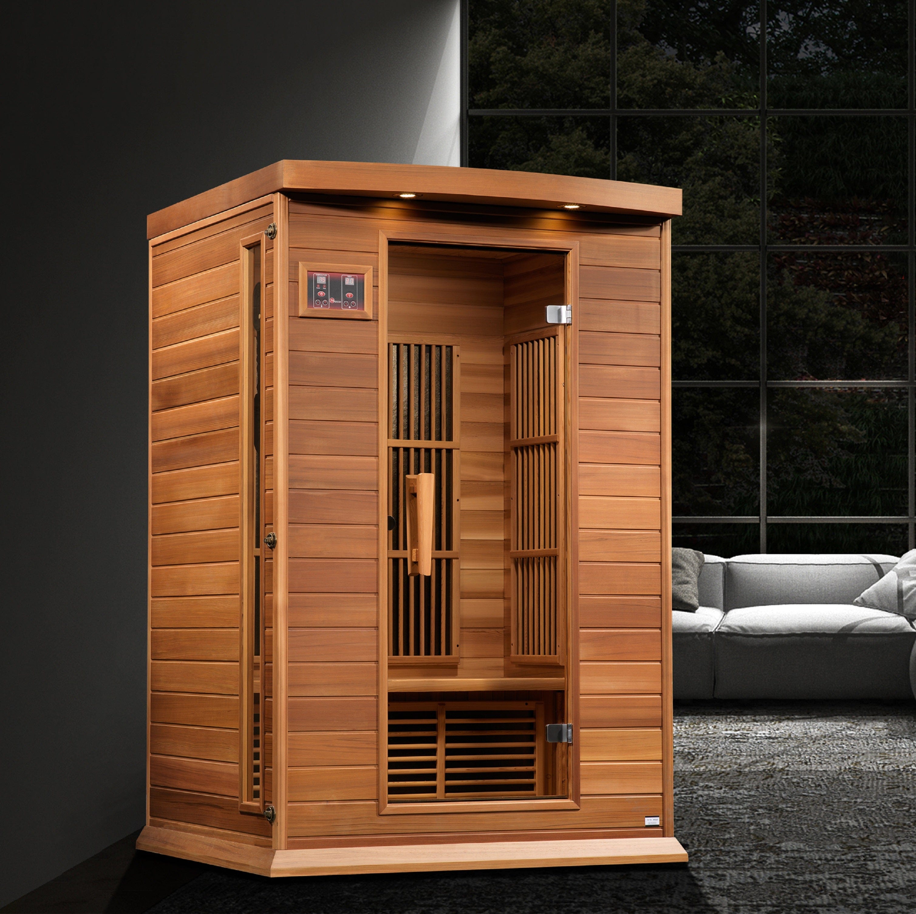 Maxxus 2-person Near Zero EMF far infrared sauna crafted from Canadian red cedar for home wellness, detox, and relaxation therapy.