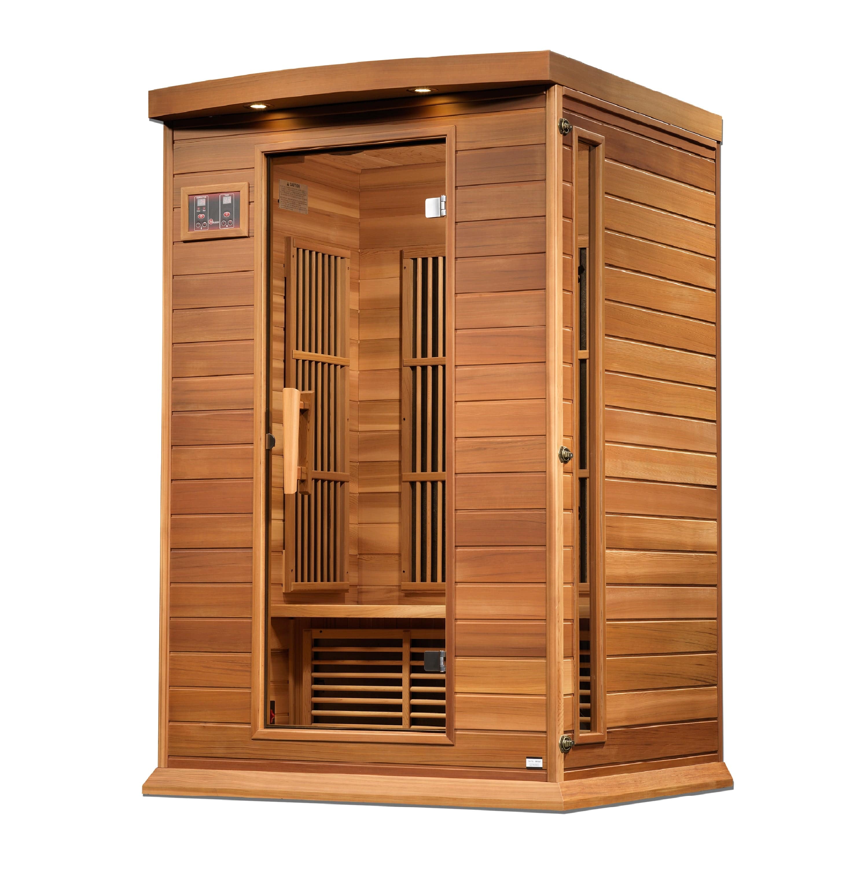 Interior view of Maxxus 2-person far infrared sauna featuring chromotherapy lighting and built-in control panel.