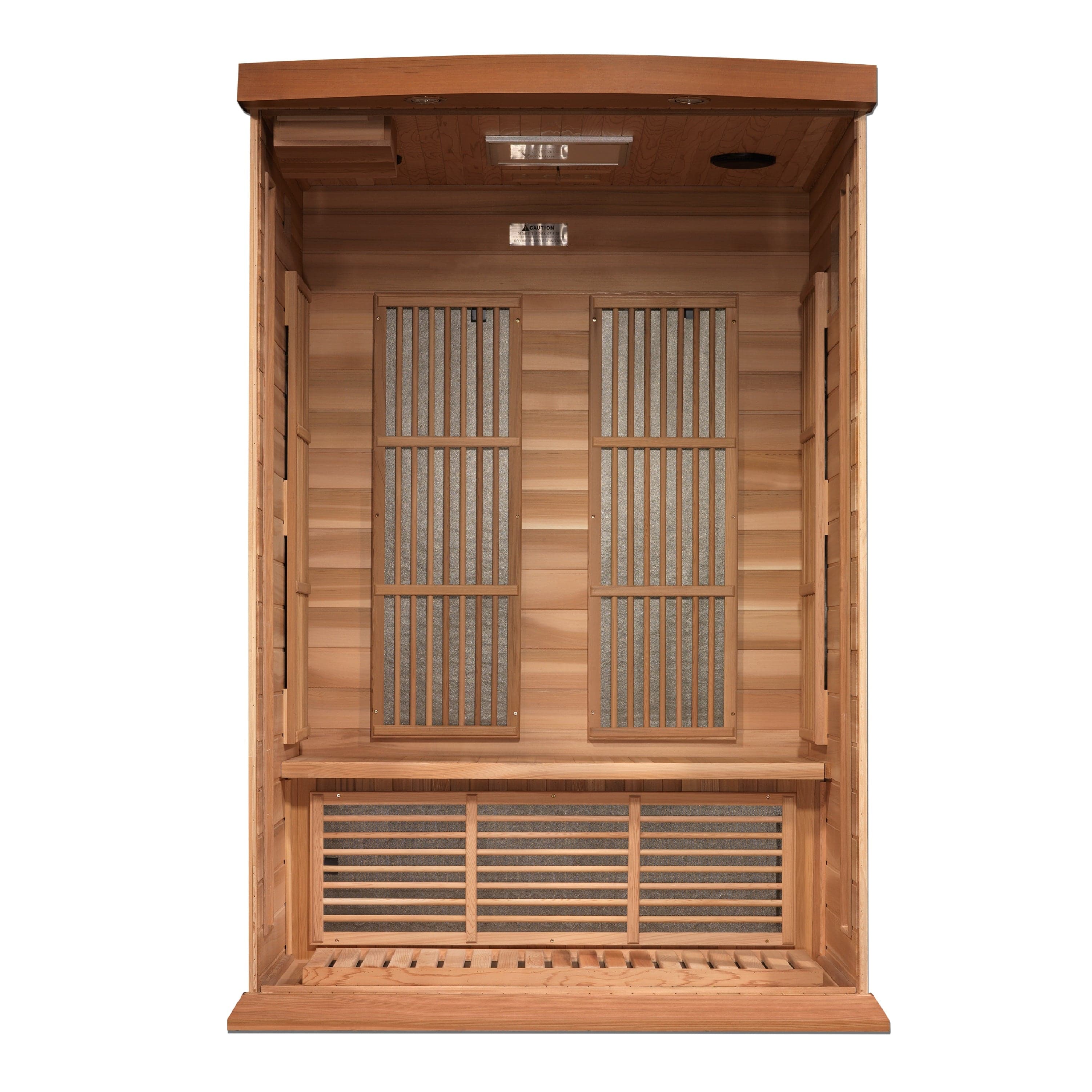 Maxxus infrared sauna with Bluetooth audio system and privacy glass for premium home spa experience.