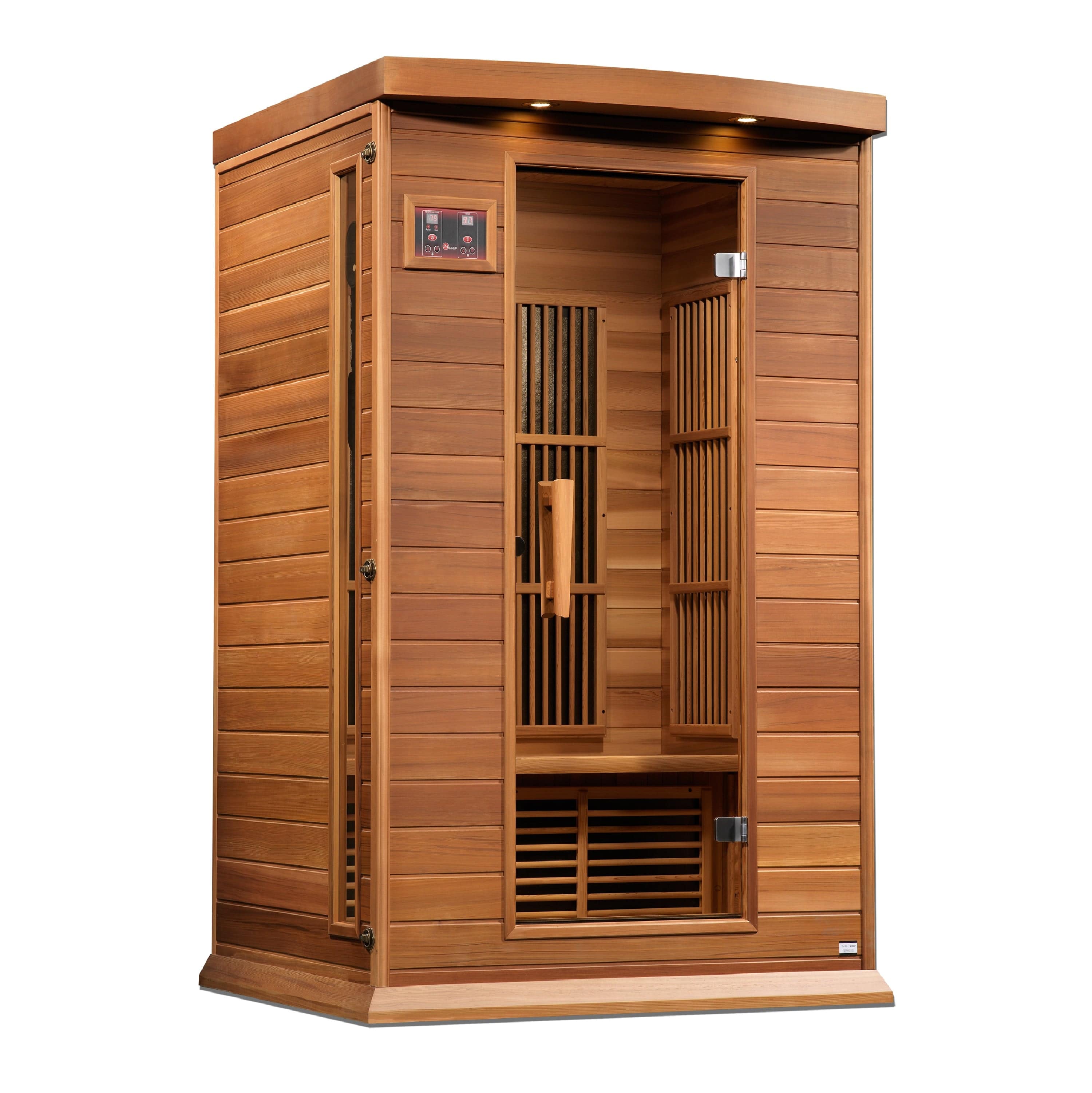 MX-K206-01-ZF CED  Maxxus 2-Person Near Zero EMF Far Infrared Sauna made from Canadian Red Cedar with Bluetooth, chromotherapy lighting, and PureTech heating panels for home wellness and relaxation.