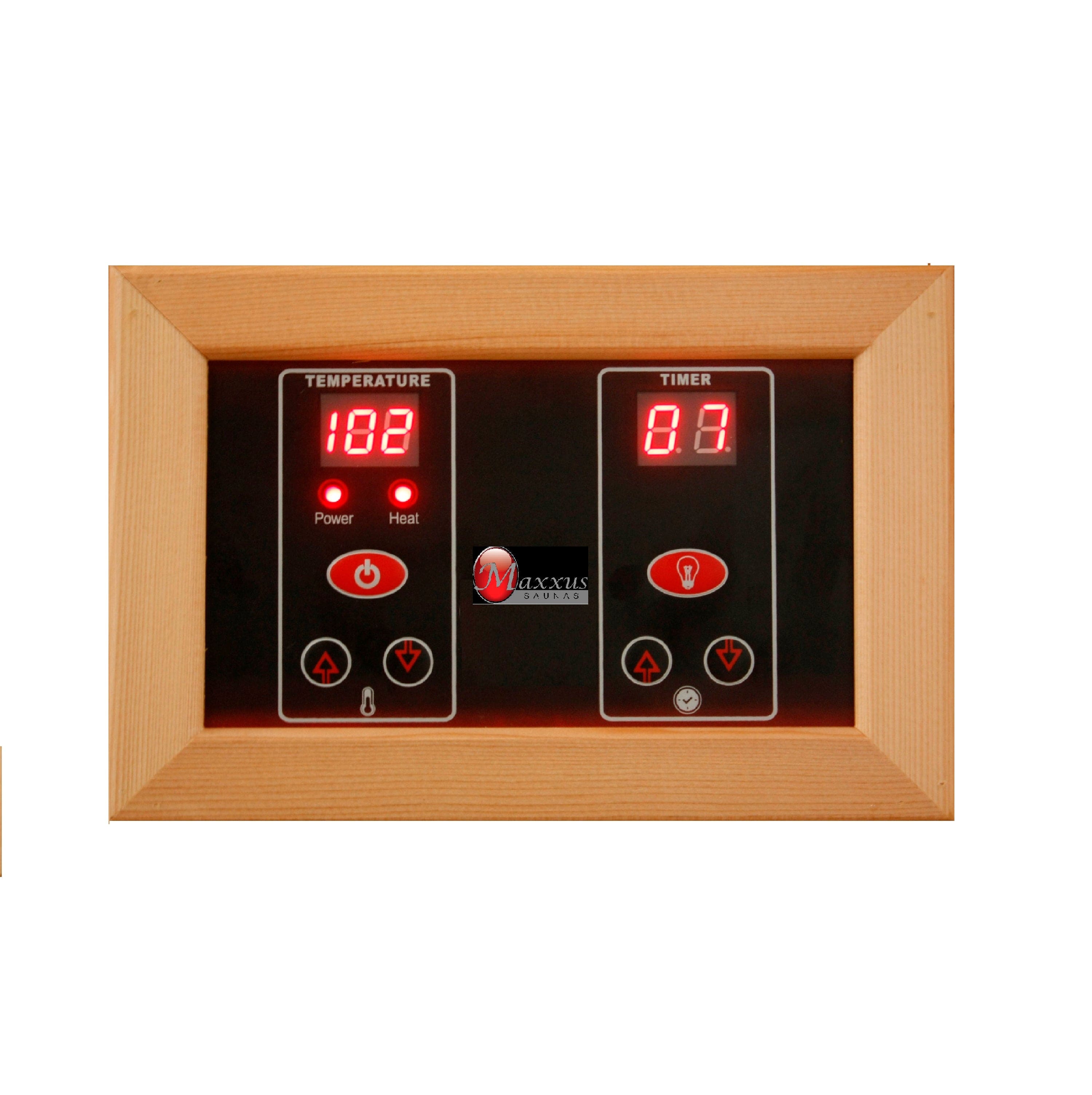 Maxxus Bellevue 3-person FAR infrared sauna with low EMF heating panels and durable Canadian Hemlock wood for home wellness therapy