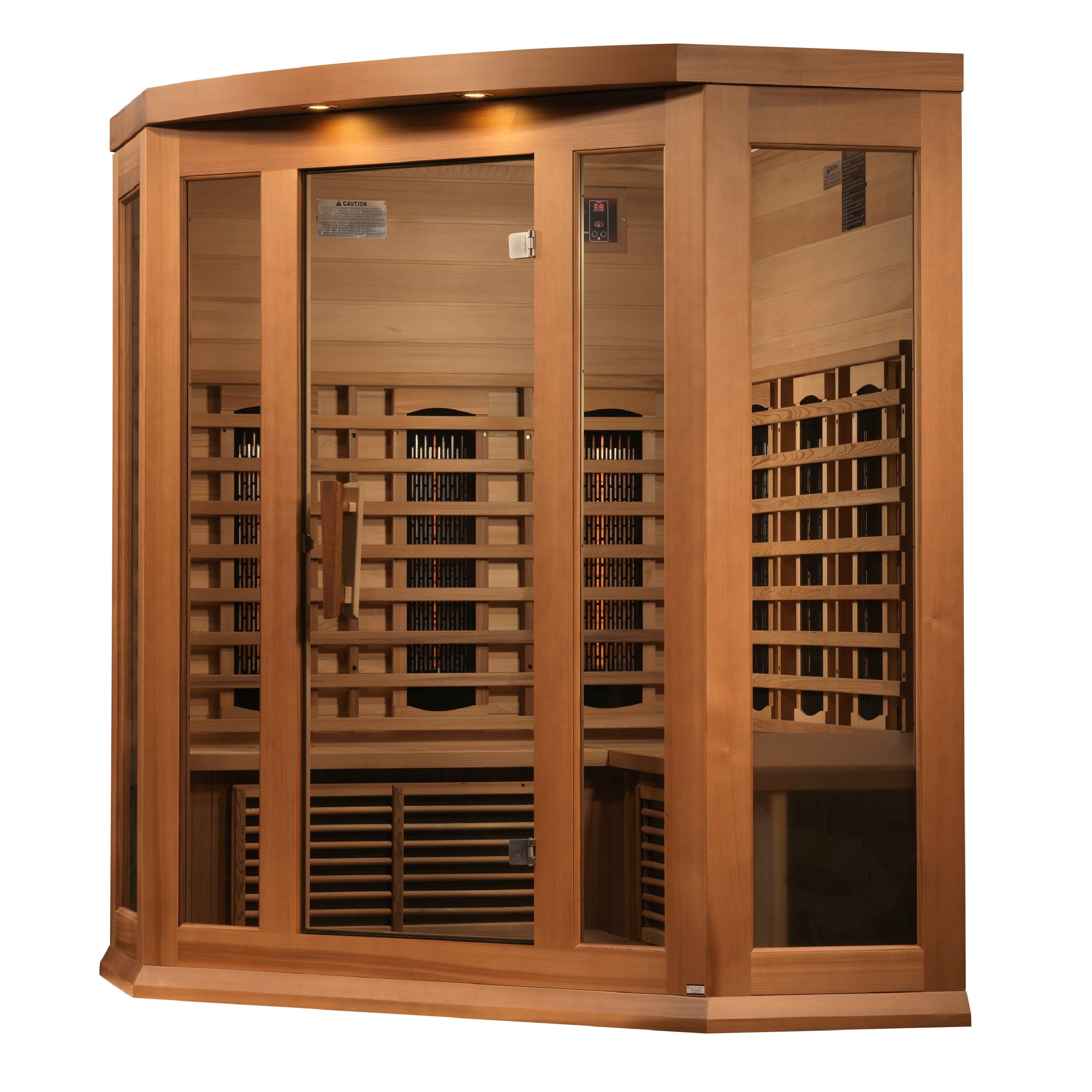 Maxxus 3-Person Corner Full Spectrum Infrared Sauna in Canadian Red Cedar with Near Zero EMF technology and elegant corner-saving design.