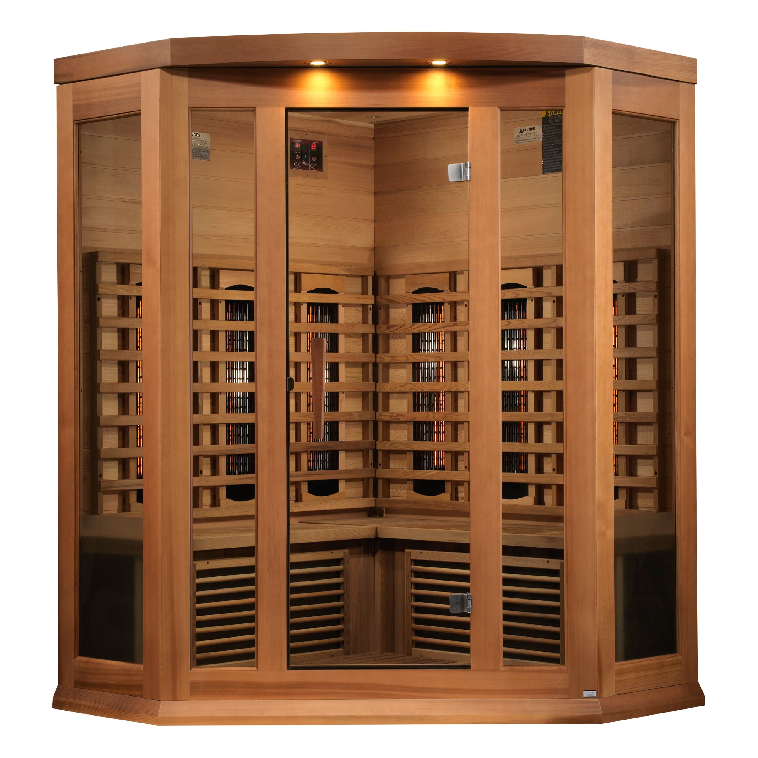 Maxxus MX-M356-01-FS CED 3-Person Corner Infrared Sauna featuring Canadian Red Cedar construction, Full Spectrum heating technology, Bluetooth audio, and luxurious home spa experience.