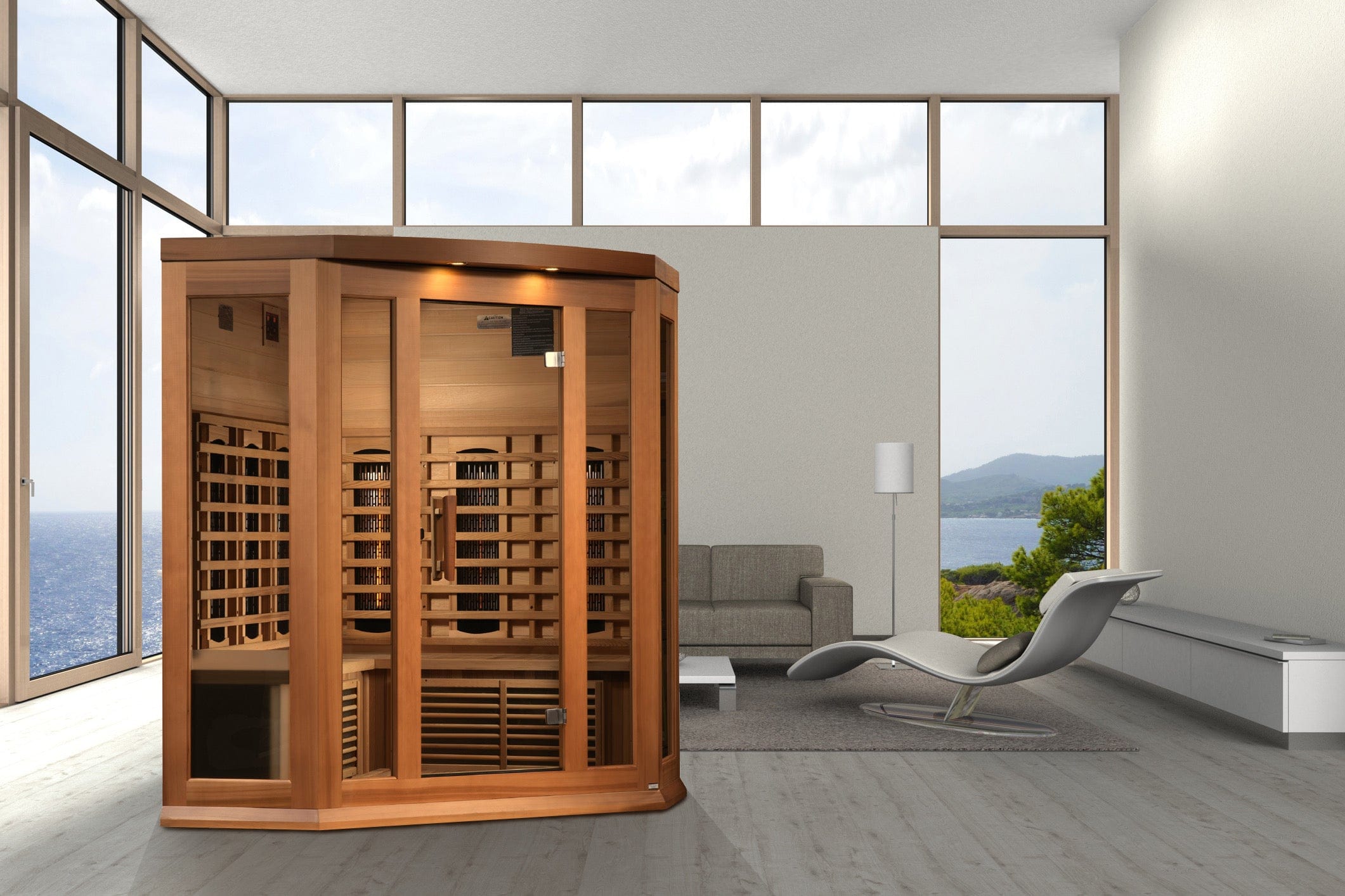 Premium Maxxus MX-M356-01-FS CED infrared sauna with chromotherapy lighting and spacious three-person corner layout.