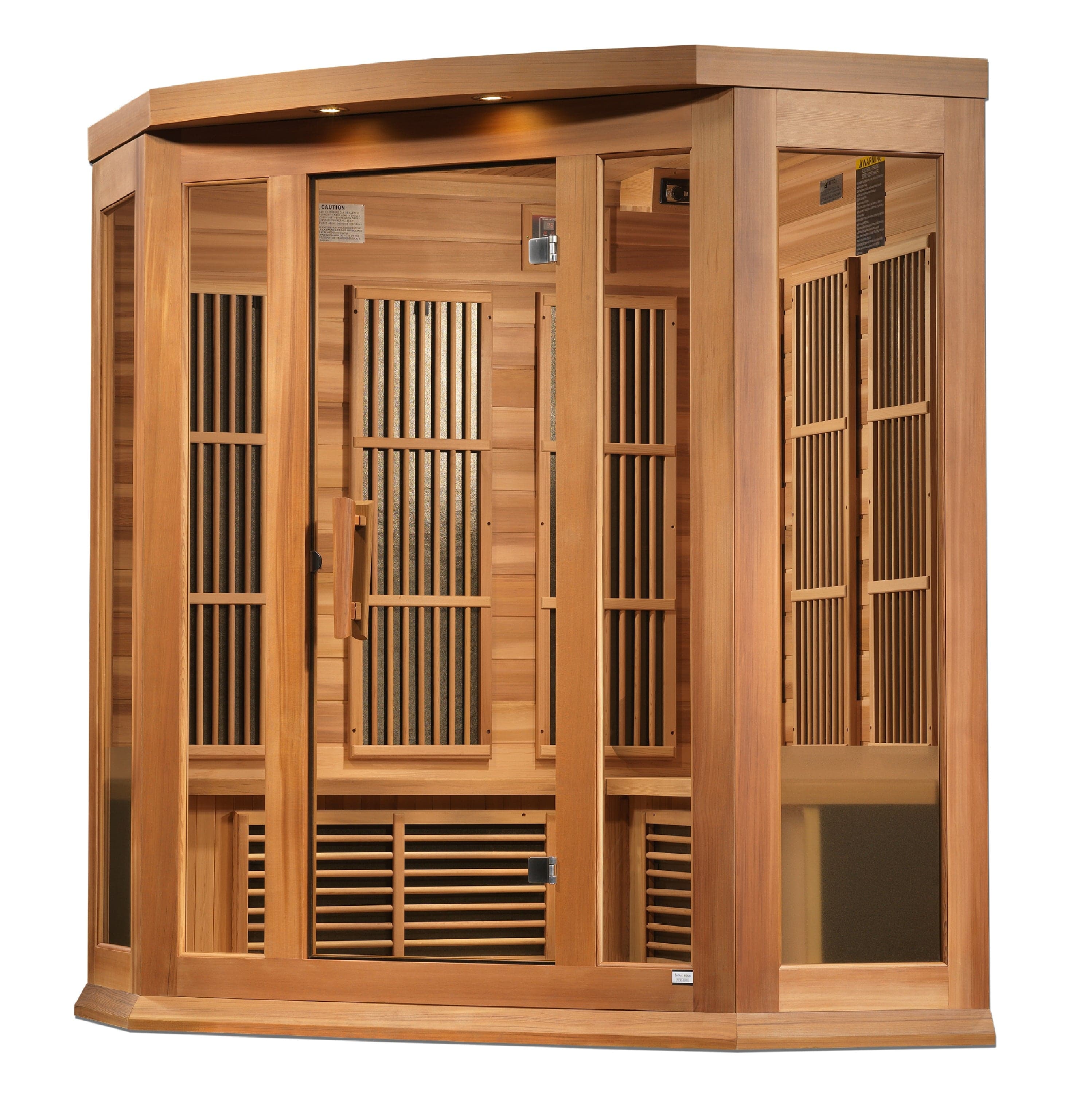 Maxxus 3-Person Corner Infrared Sauna in Canadian Red Cedar with Near Zero EMF heating, Bluetooth music system, and chromotherapy lighting for home relaxation