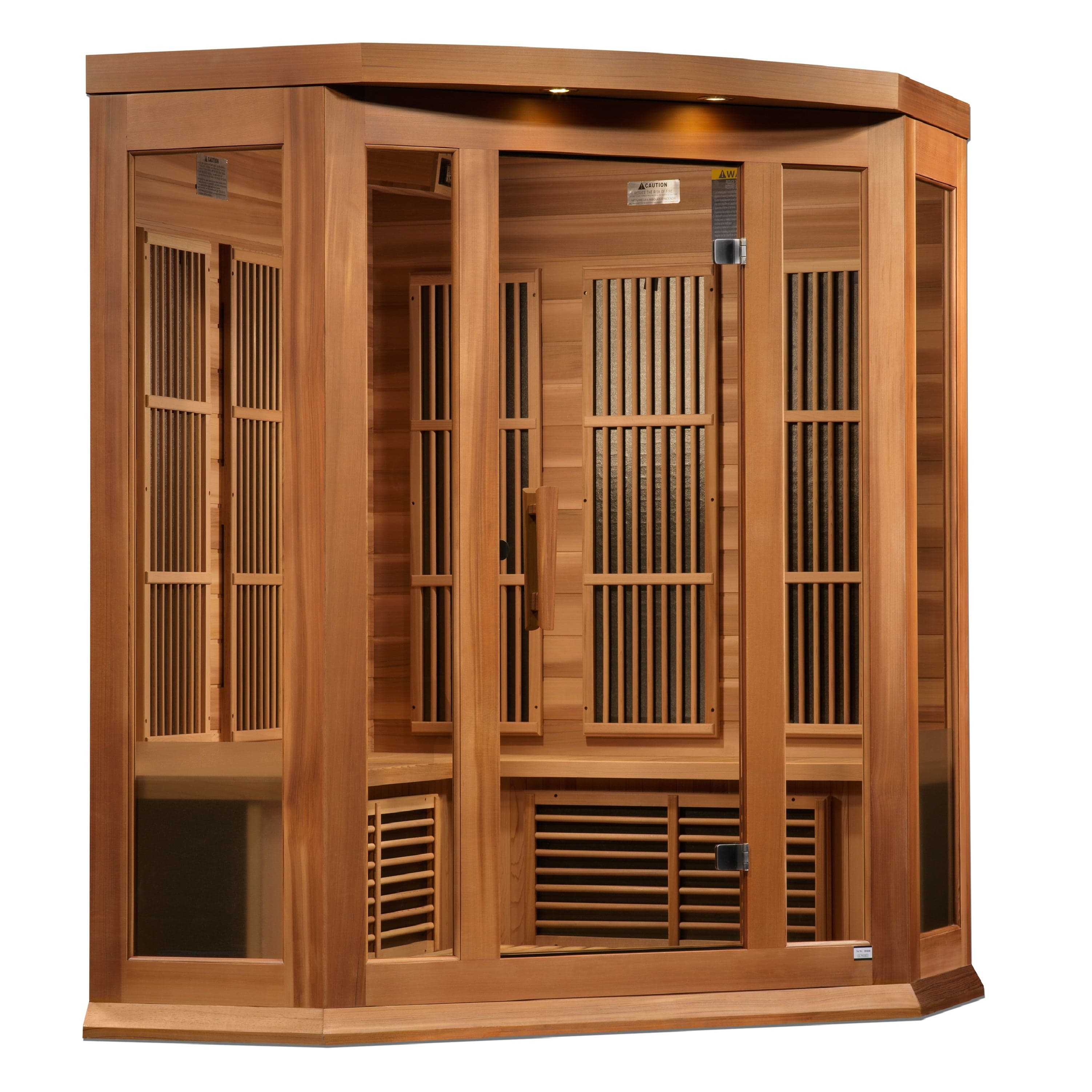 MX-K356-01-ZF CED Maxxus 3-Person Corner Near Zero EMF Far Infrared Sauna made from Canadian Red Cedar with Bluetooth audio, chromotherapy lighting, and space-saving corner design for home wellness