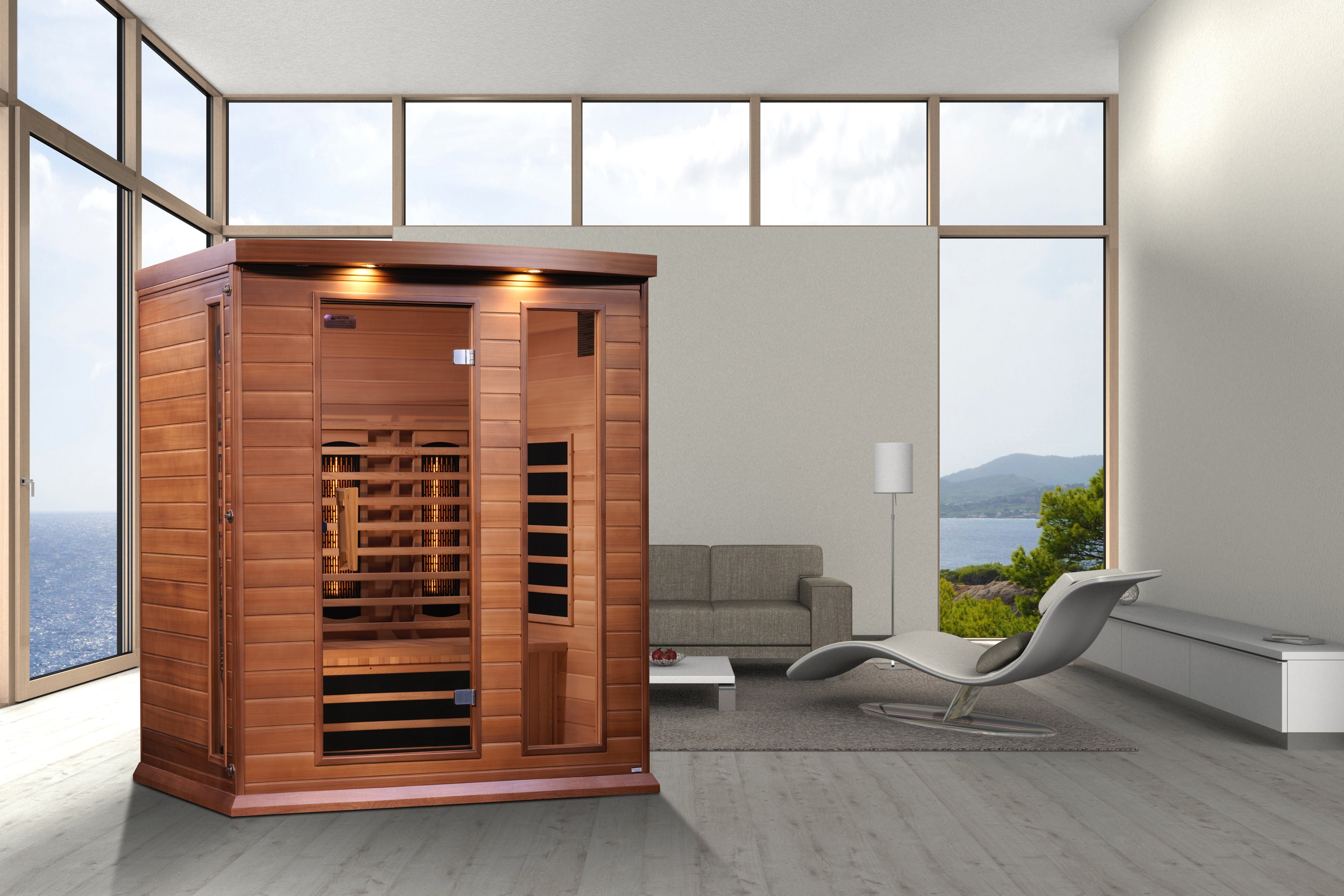 Maxxus 3-person full spectrum infrared sauna with Canadian red cedar interior and advanced low EMF heating system