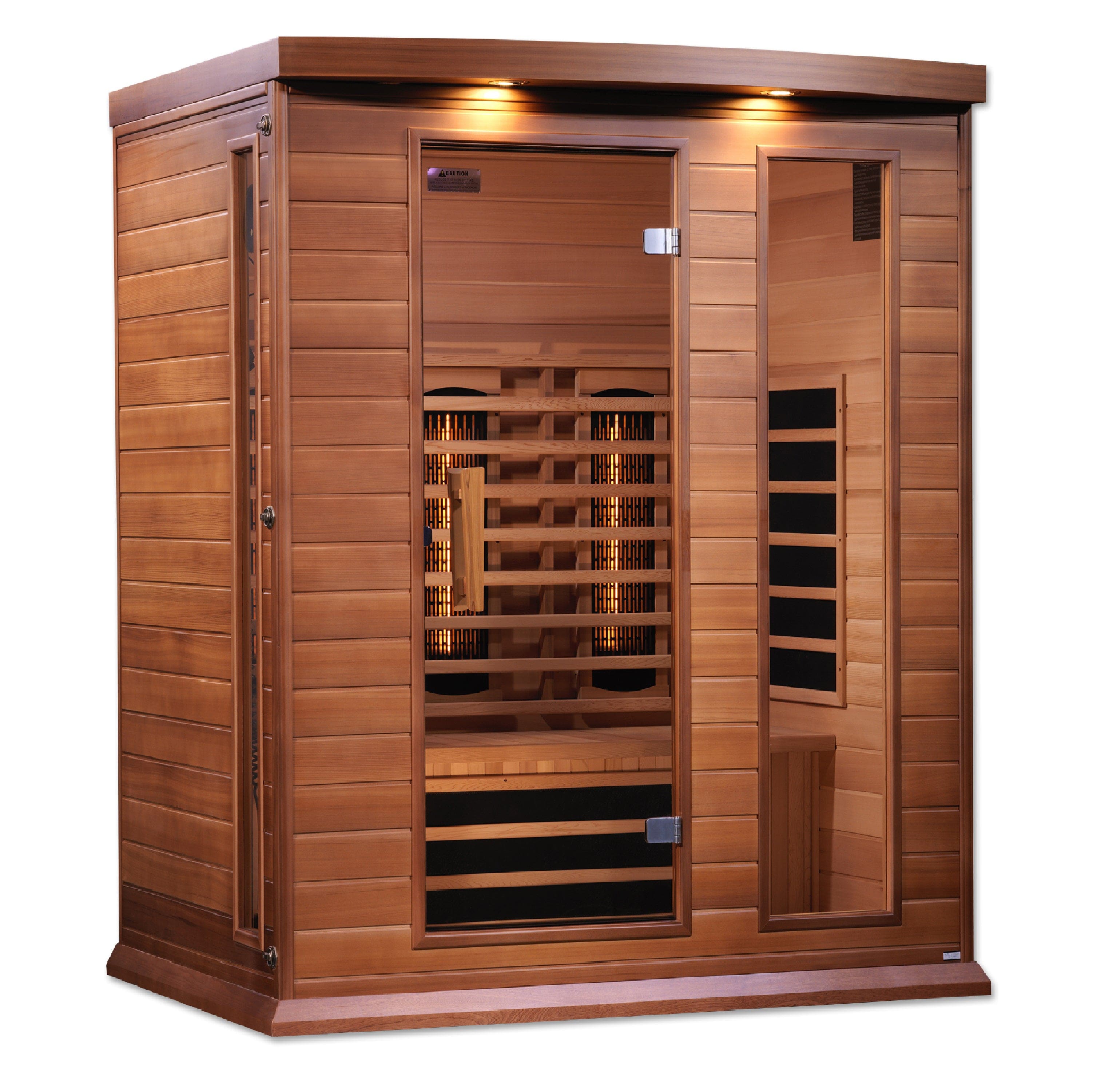 3-person Maxxus Full Spectrum Infrared Sauna with Canadian red cedar wood, chromotherapy lighting, and Bluetooth connectivity