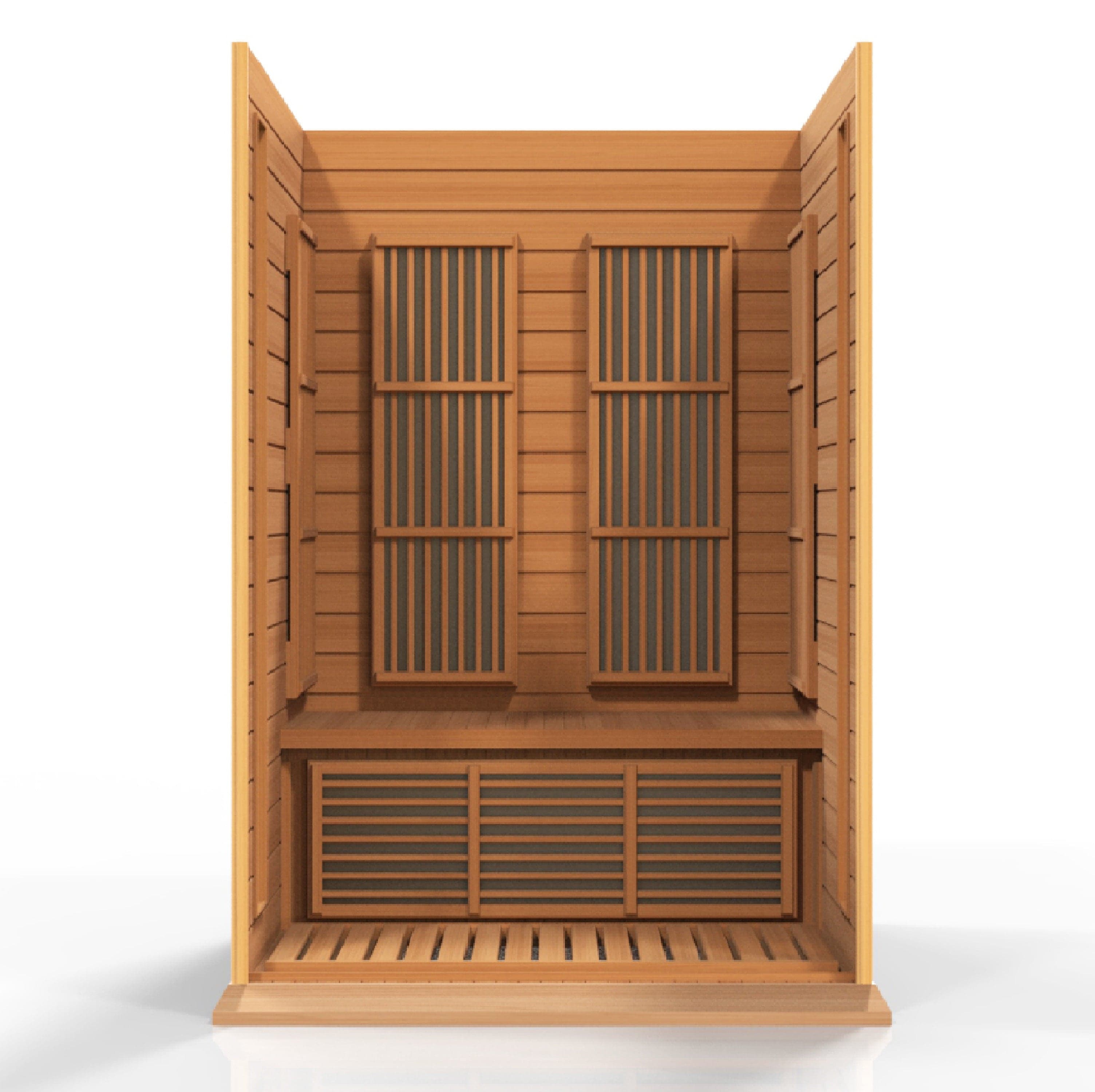 Spacious interior of Maxxus 3 Person FAR infrared sauna featuring ergonomic seating and low EMF heat panels for soothing full body relaxation.