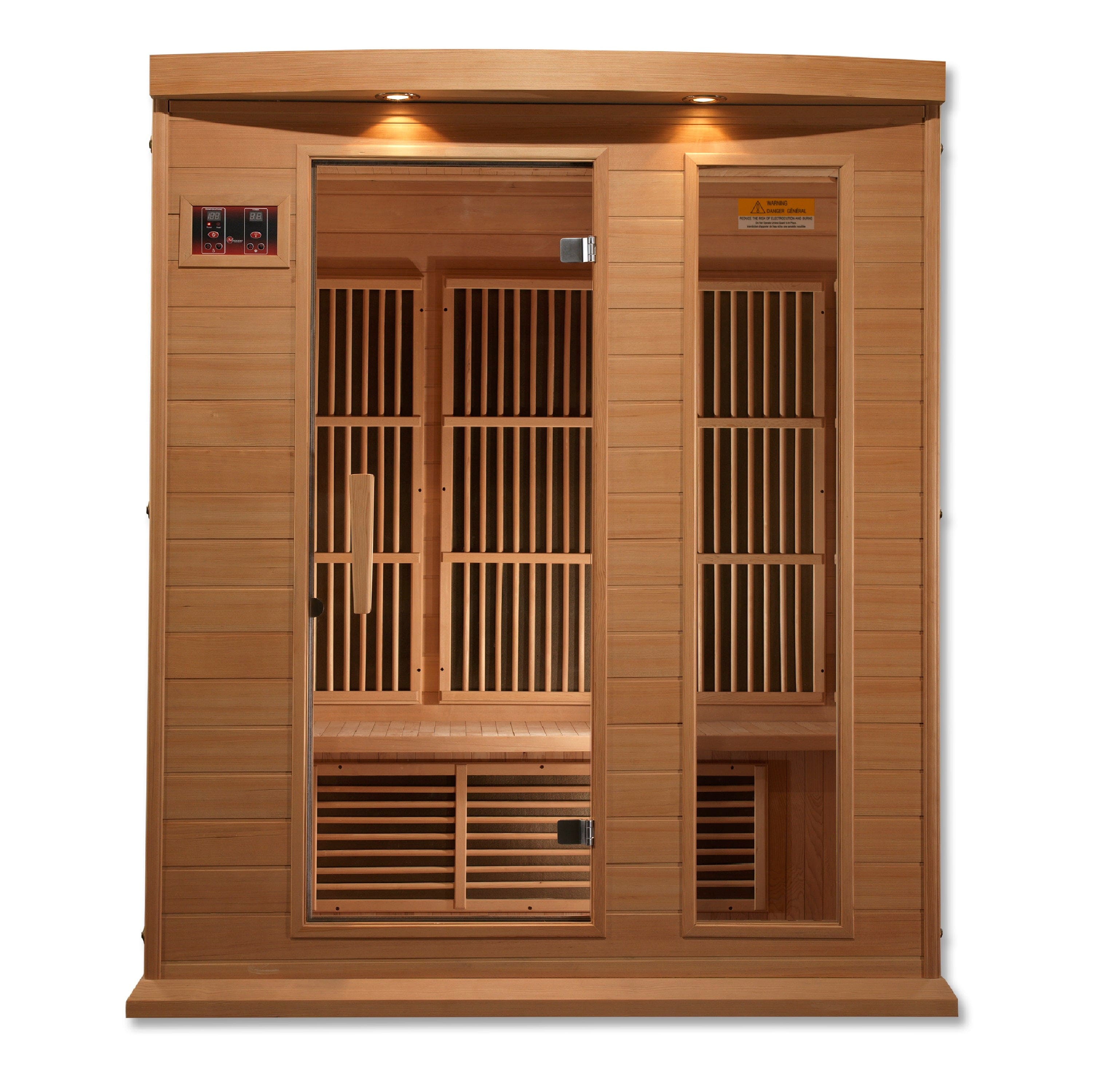 Maxxus 3-Person Infrared Sauna with Low EMF FAR heating system and natural Canadian Hemlock wood interior design for home spa use