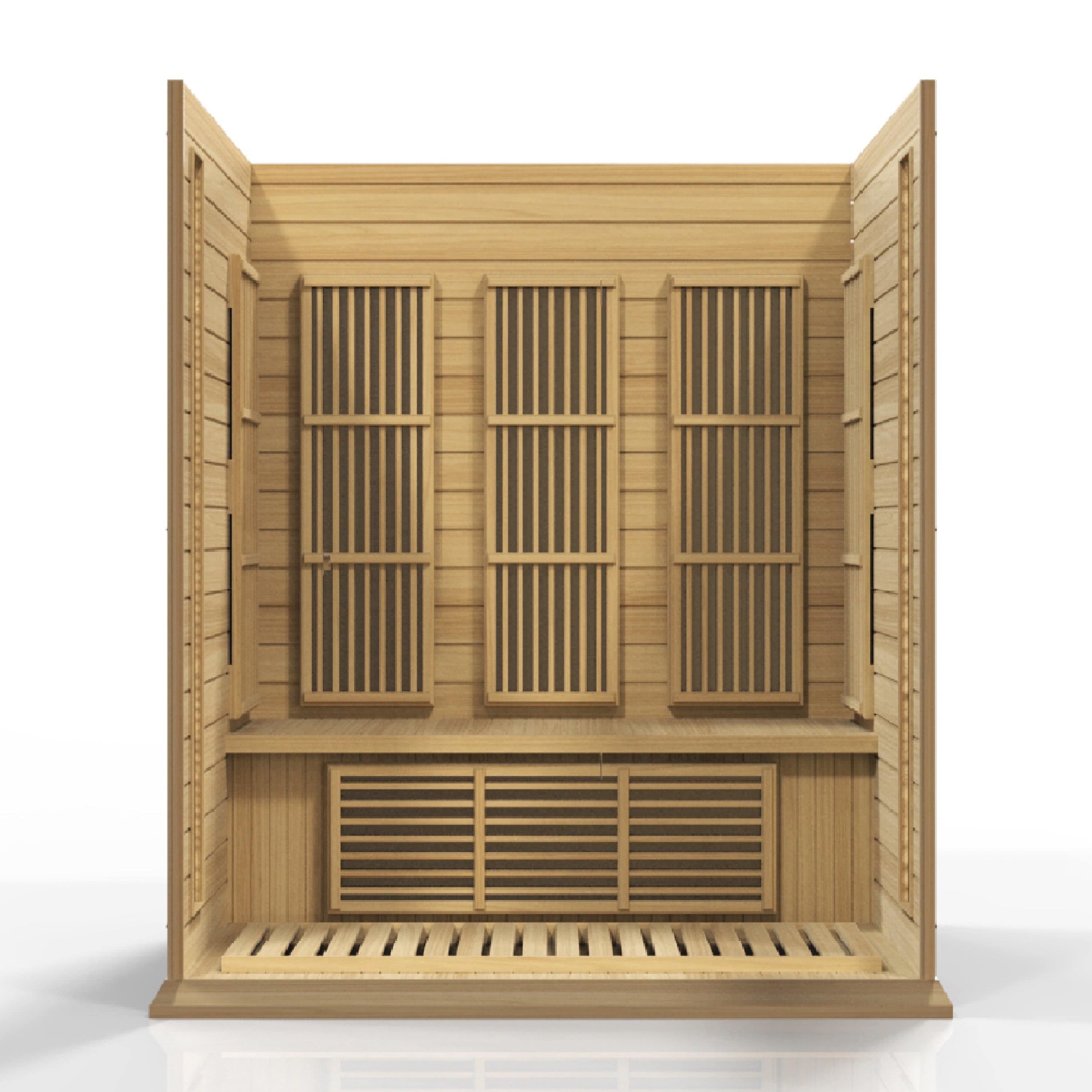 Maxxus Low EMF 3-Person Infrared Sauna cabin with Canadian Hemlock wood panels designed for home wellness and recovery sessions