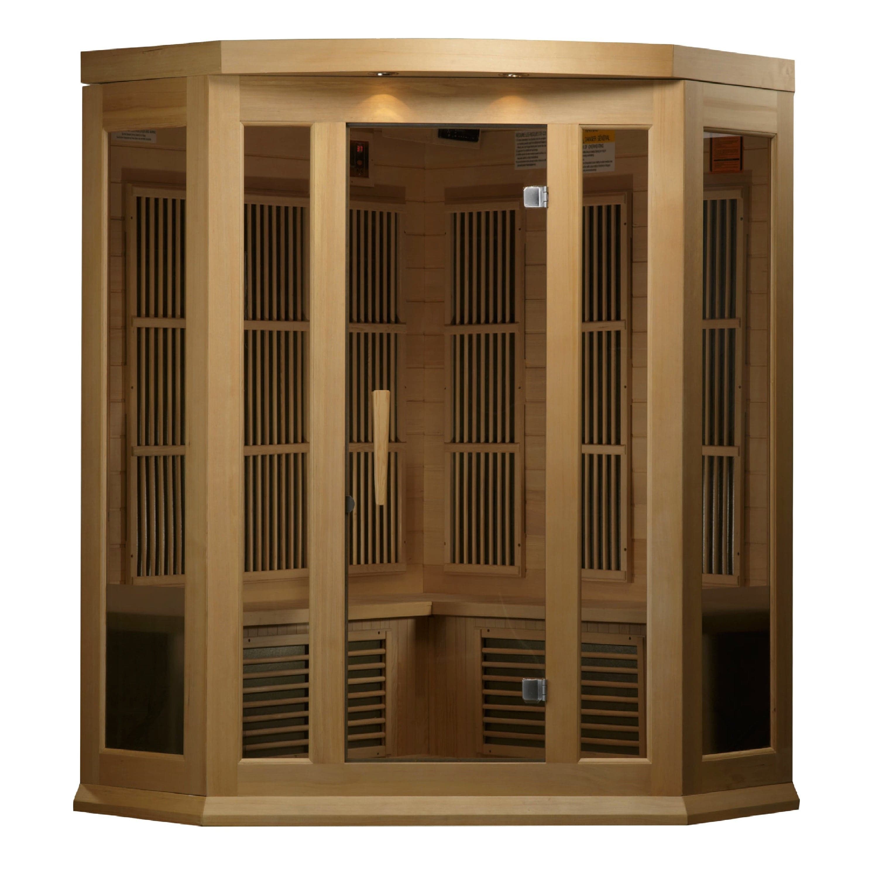 Maxxus 3-person corner infrared sauna with low EMF FAR heating system, crafted from Canadian Hemlock wood for indoor home wellness and relaxation