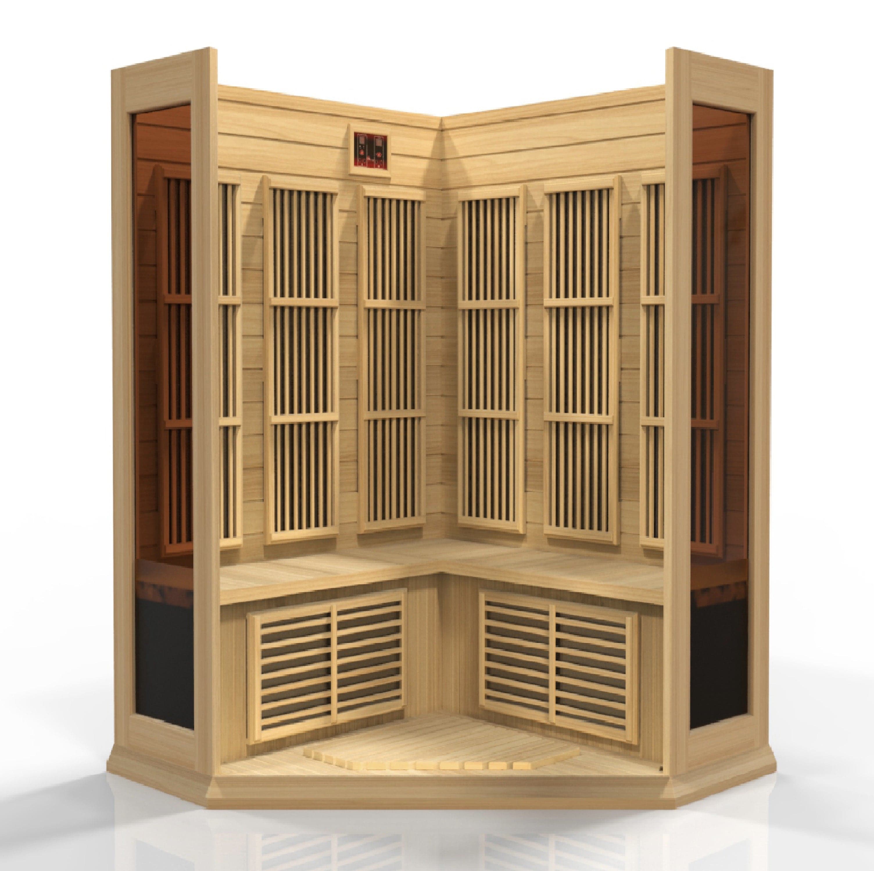 Maxxus 3-person corner infrared sauna with energy-efficient low EMF heaters, designed for home wellness, detox, and relaxation sessions