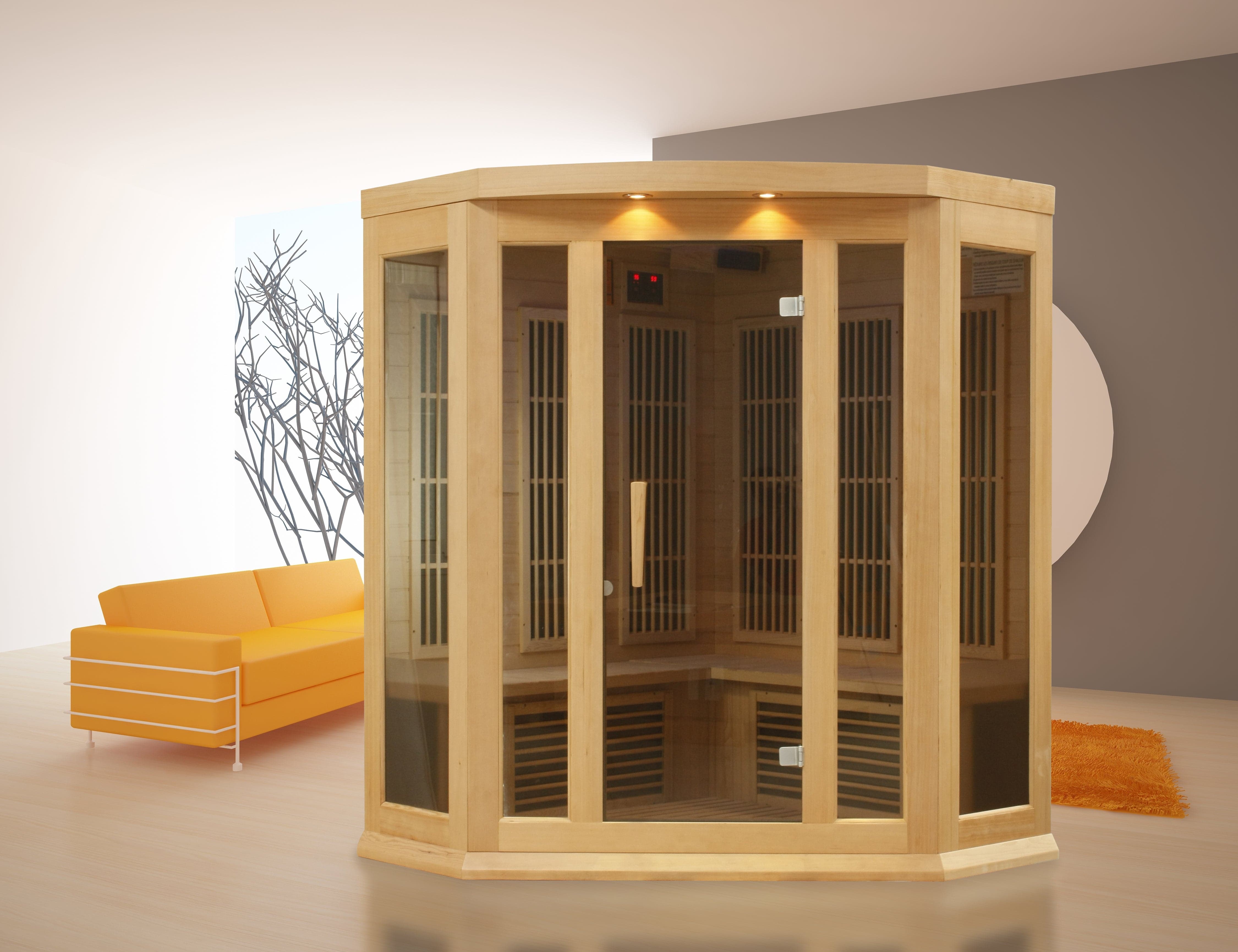 Modern Maxxus infrared sauna for 3 people featuring corner-fit design, Canadian Hemlock wood interior, and low EMF FAR heat therapy system