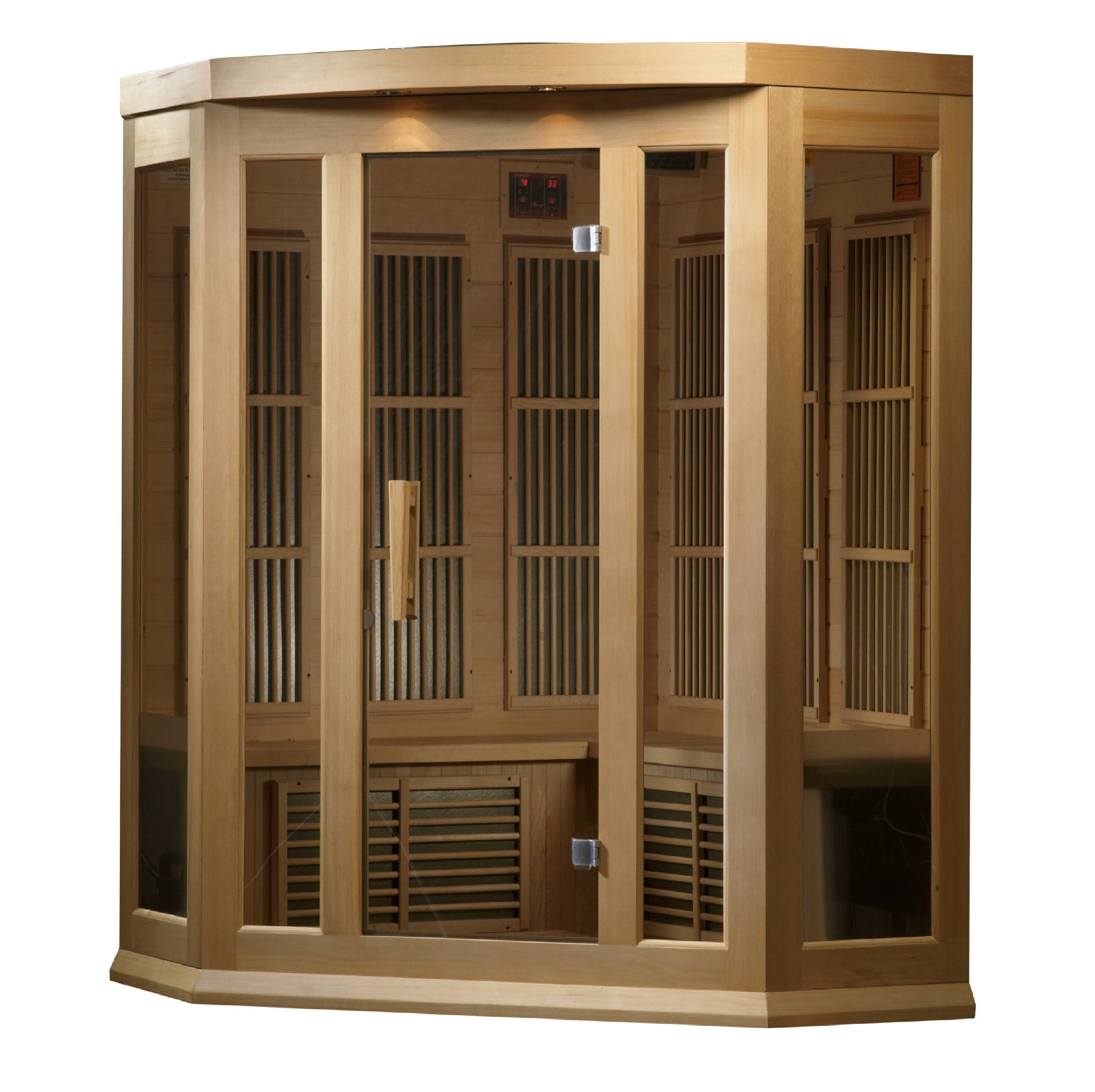 3-person Maxxus low EMF FAR infrared sauna featuring corner design, natural Canadian Hemlock build, and full body heat therapy for home spa use