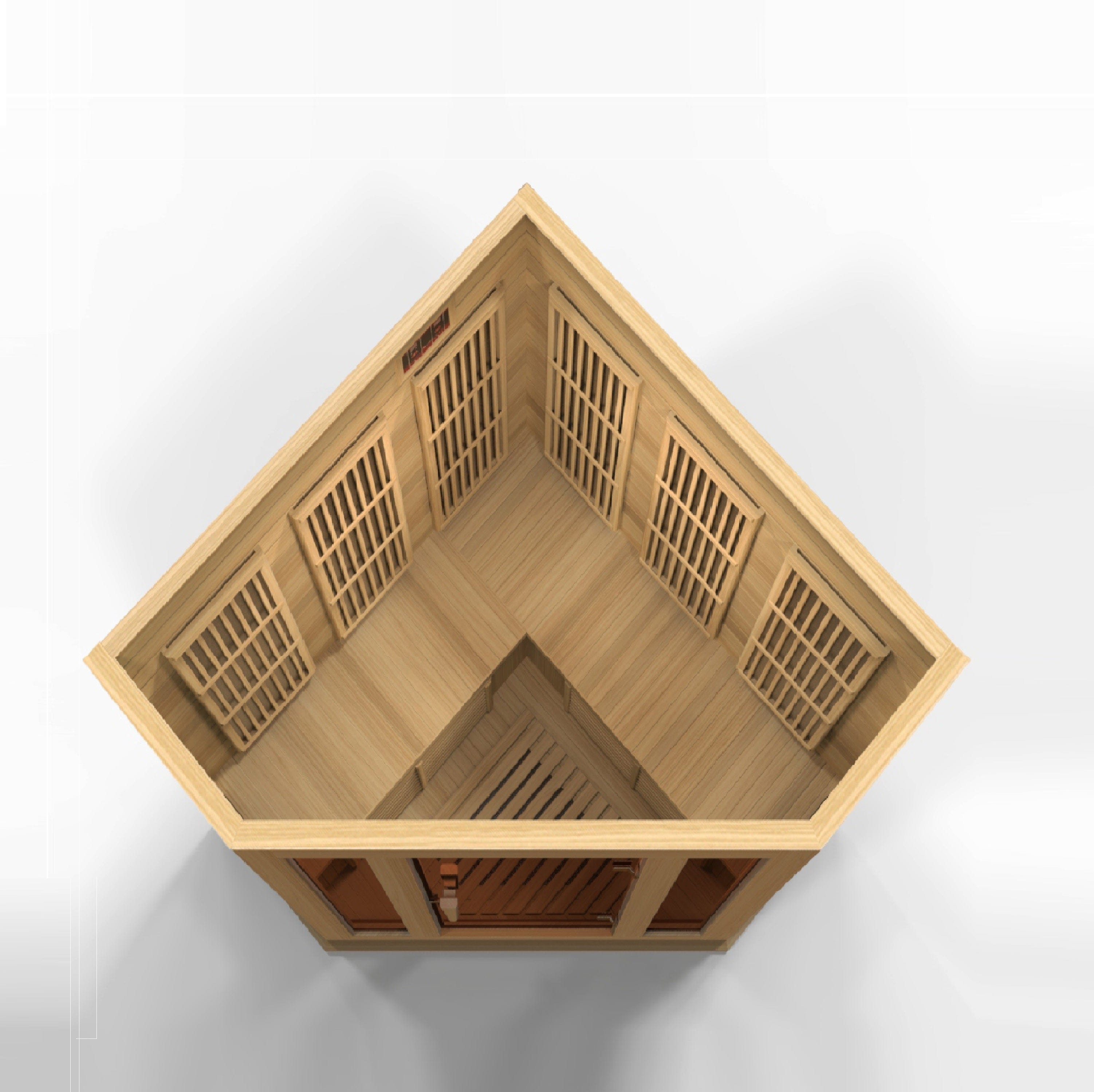 Indoor Maxxus 3-person FAR infrared sauna cabin with low electromagnetic field design, ergonomic seating, and durable Canadian Hemlock construction