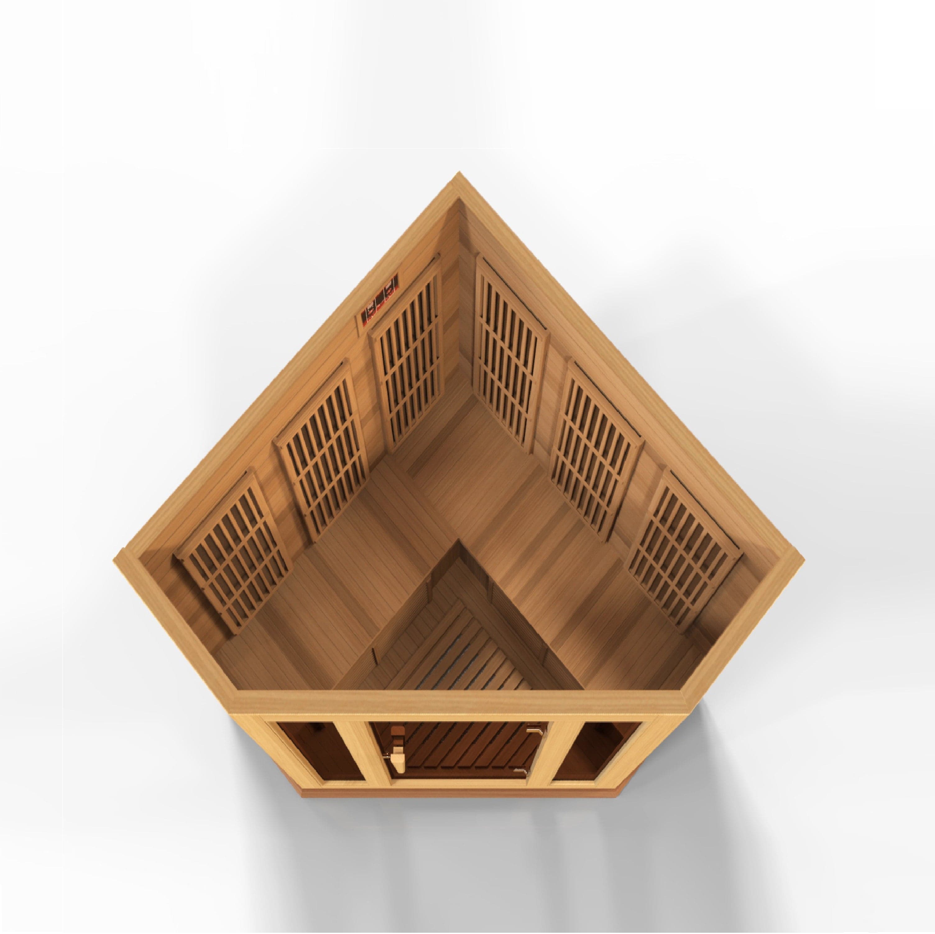 Modern Maxxus 3-Person Infrared Sauna with corner design, low EMF heaters, and premium Canadian Red Cedar wood finish