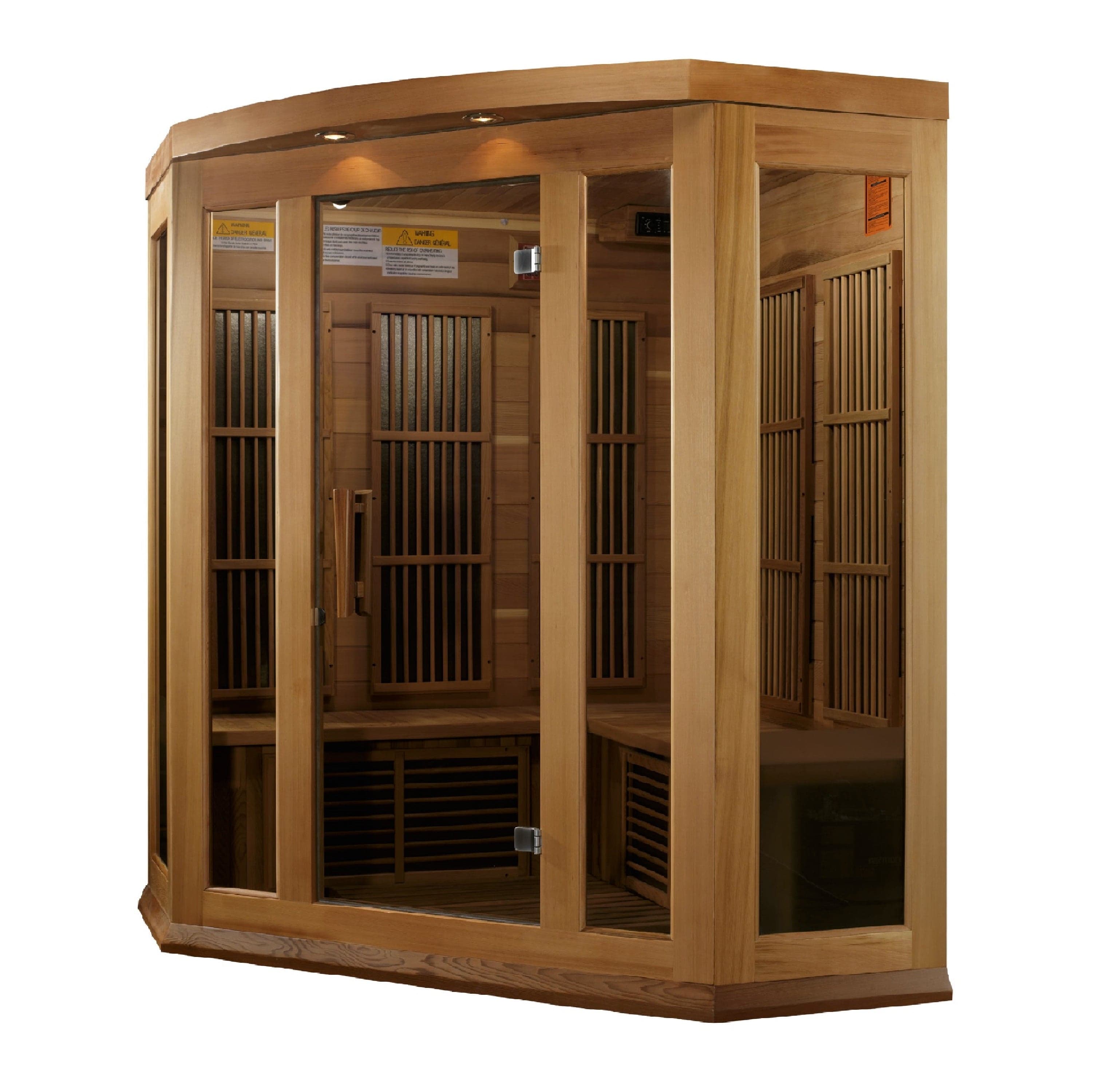 Space-saving Maxxus 3-Person Corner Infrared Sauna with low EMF technology and premium Canadian Red Cedar construction