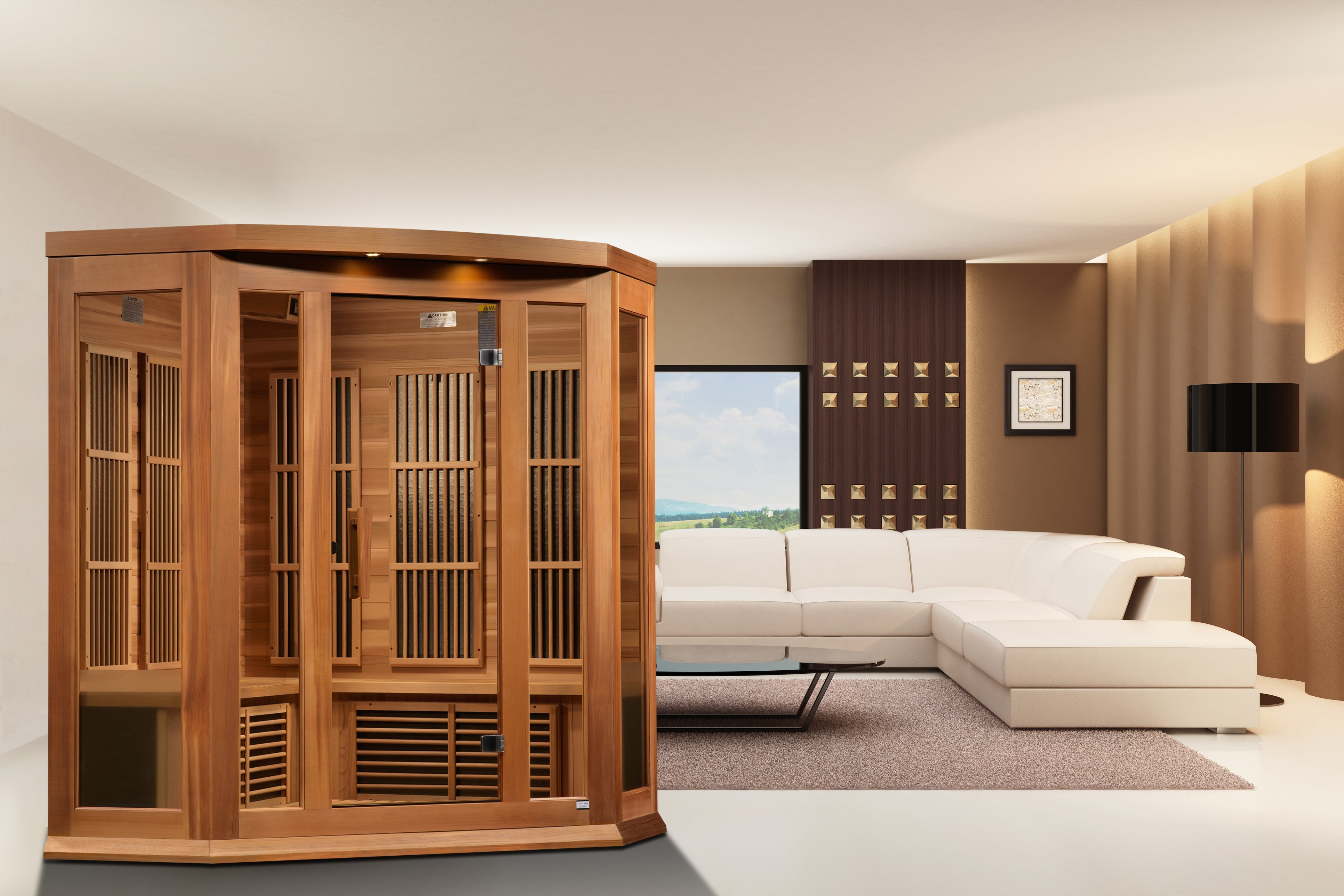 Maxxus 3-Person Low EMF Infrared Sauna with ergonomic corner fit and high-quality Canadian Red Cedar interior
