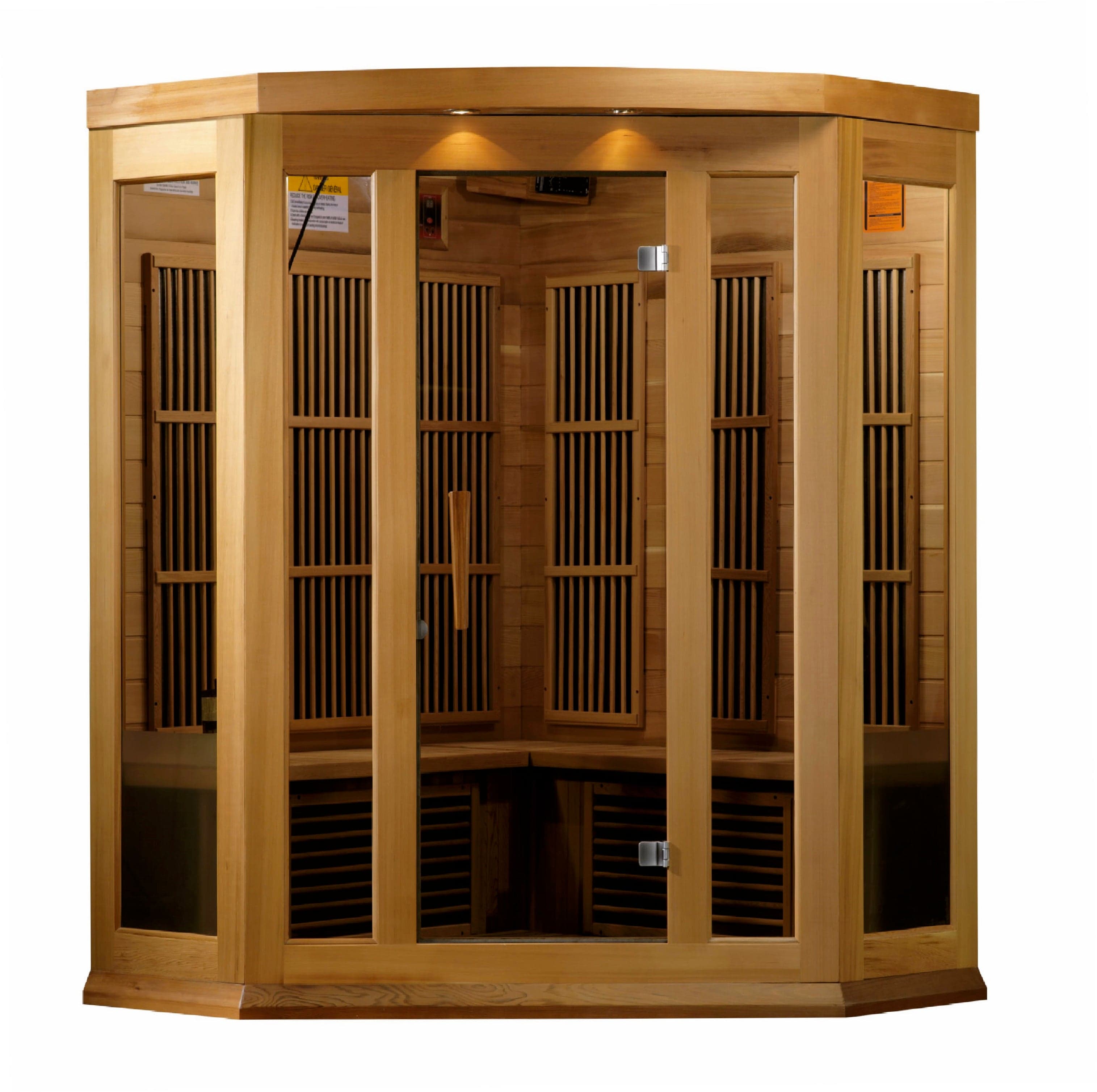 MX-K356-01 CED Maxxus 3-Person Low EMF Far Infrared Corner Sauna made from Canadian Red Cedar wood for home wellness and relaxation