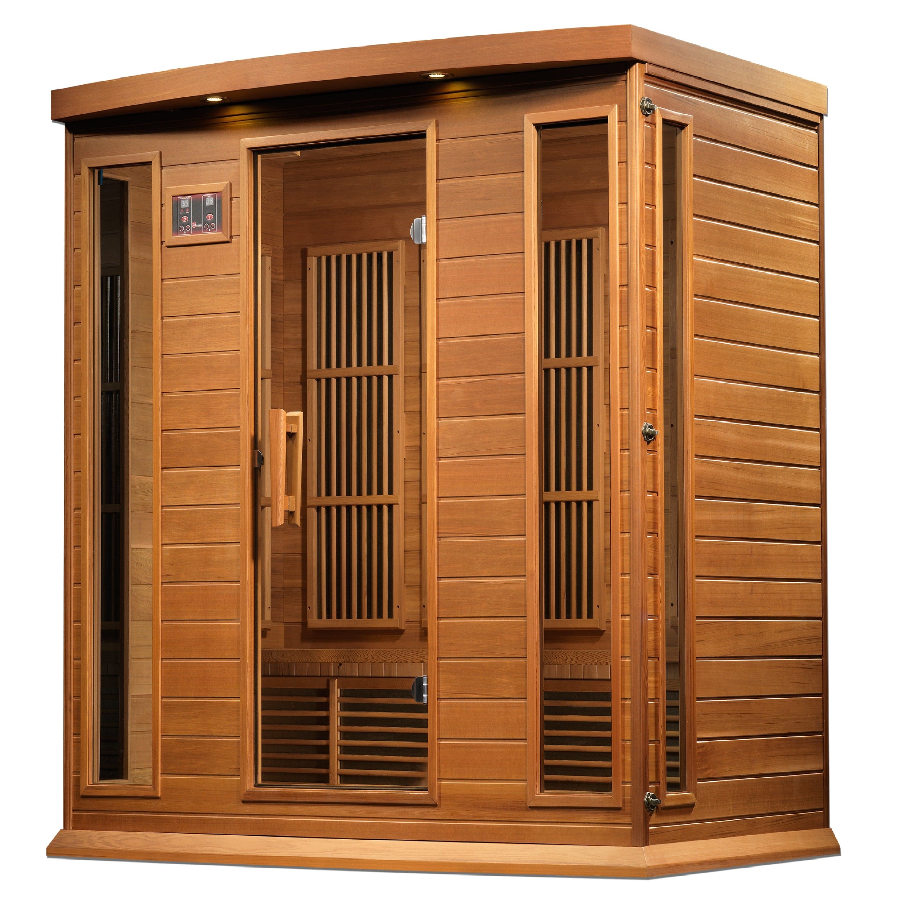 Maxxus 4-Person Chaumont Edition corner infrared sauna in Canadian red cedar with advanced near zero EMF heating for home wellness and relaxation