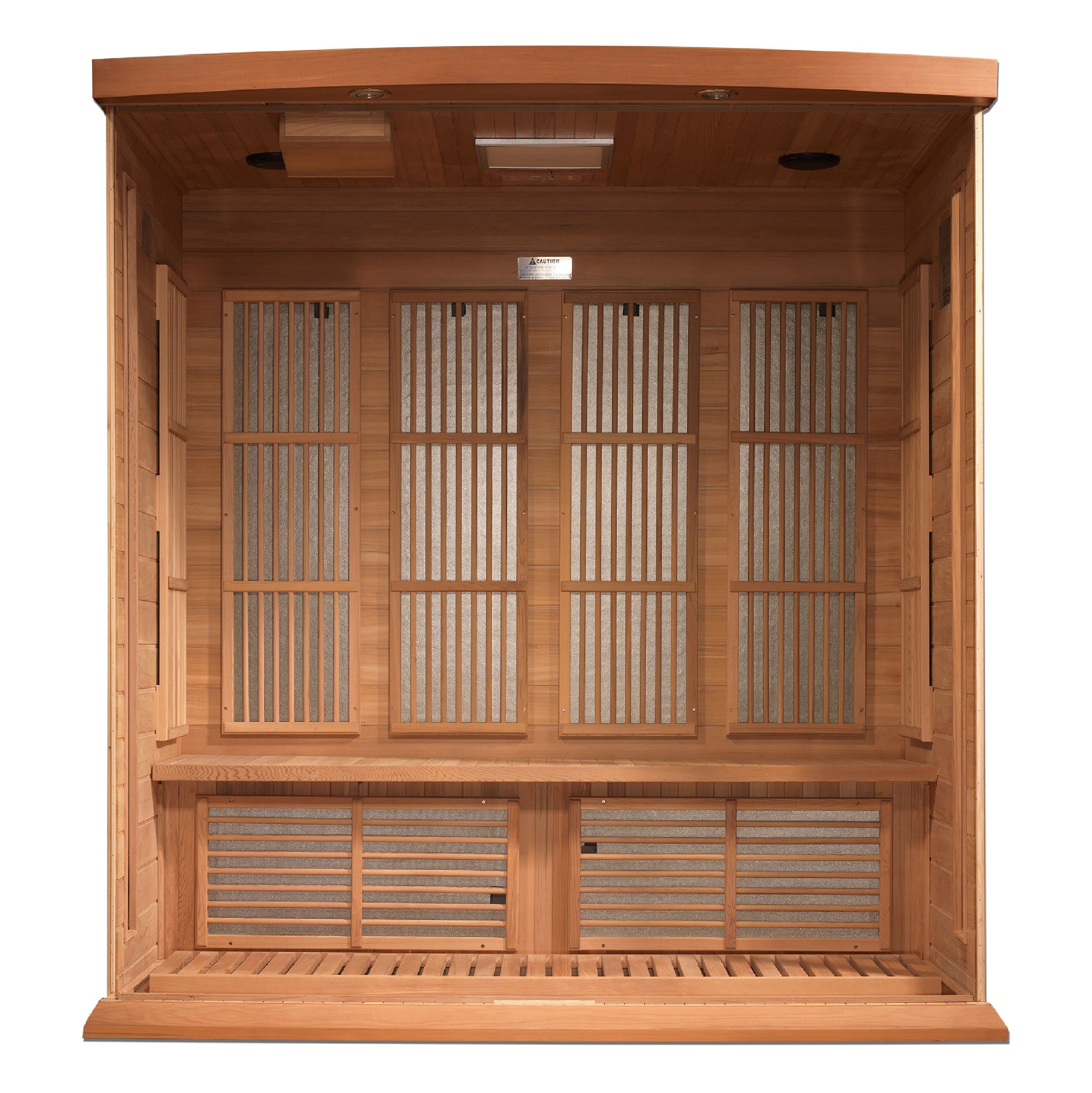 Maxxus 4-Person Chaumont Edition corner infrared sauna made of Canadian red cedar featuring near zero EMF FAR infrared technology for safe home relaxation