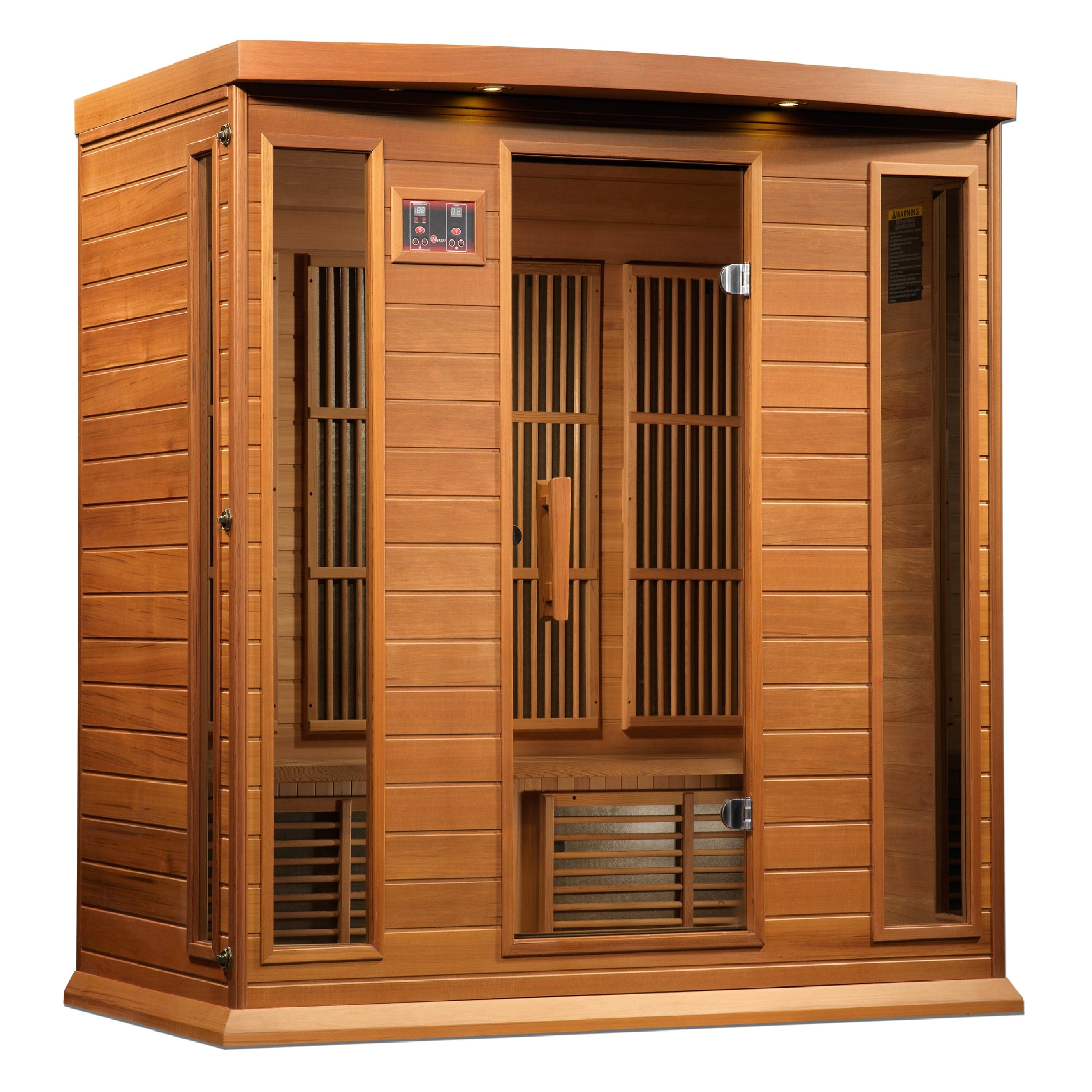 MX-K406-01-ZF CED Maxxus 4-Person Chaumont Edition corner FAR infrared sauna crafted from Canadian red cedar with near zero EMF heating for a relaxing home wellness experience