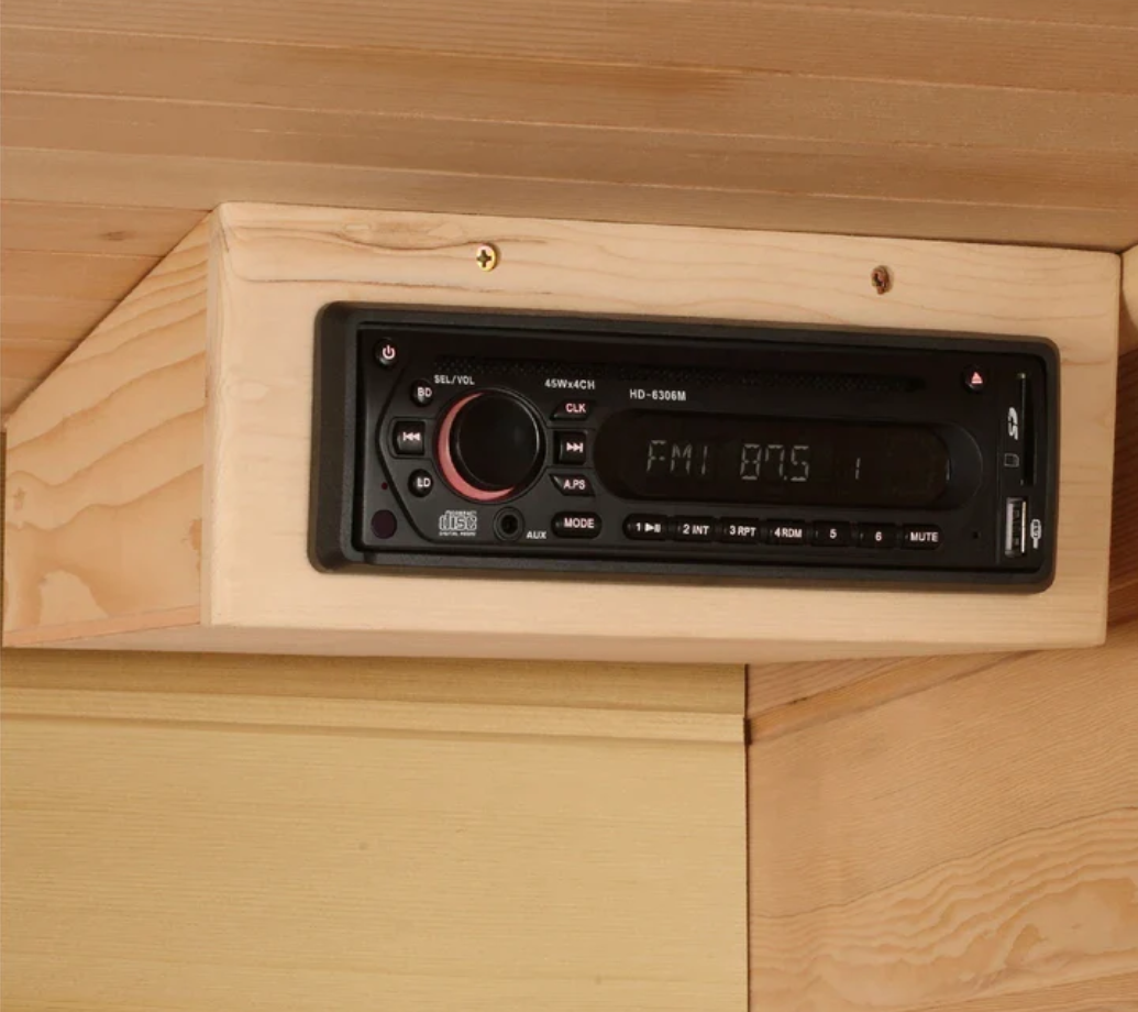 Premium Canadian red cedar wood finish of Maxxus 4 person infrared sauna showcasing natural grain texture and high quality craftsmanship