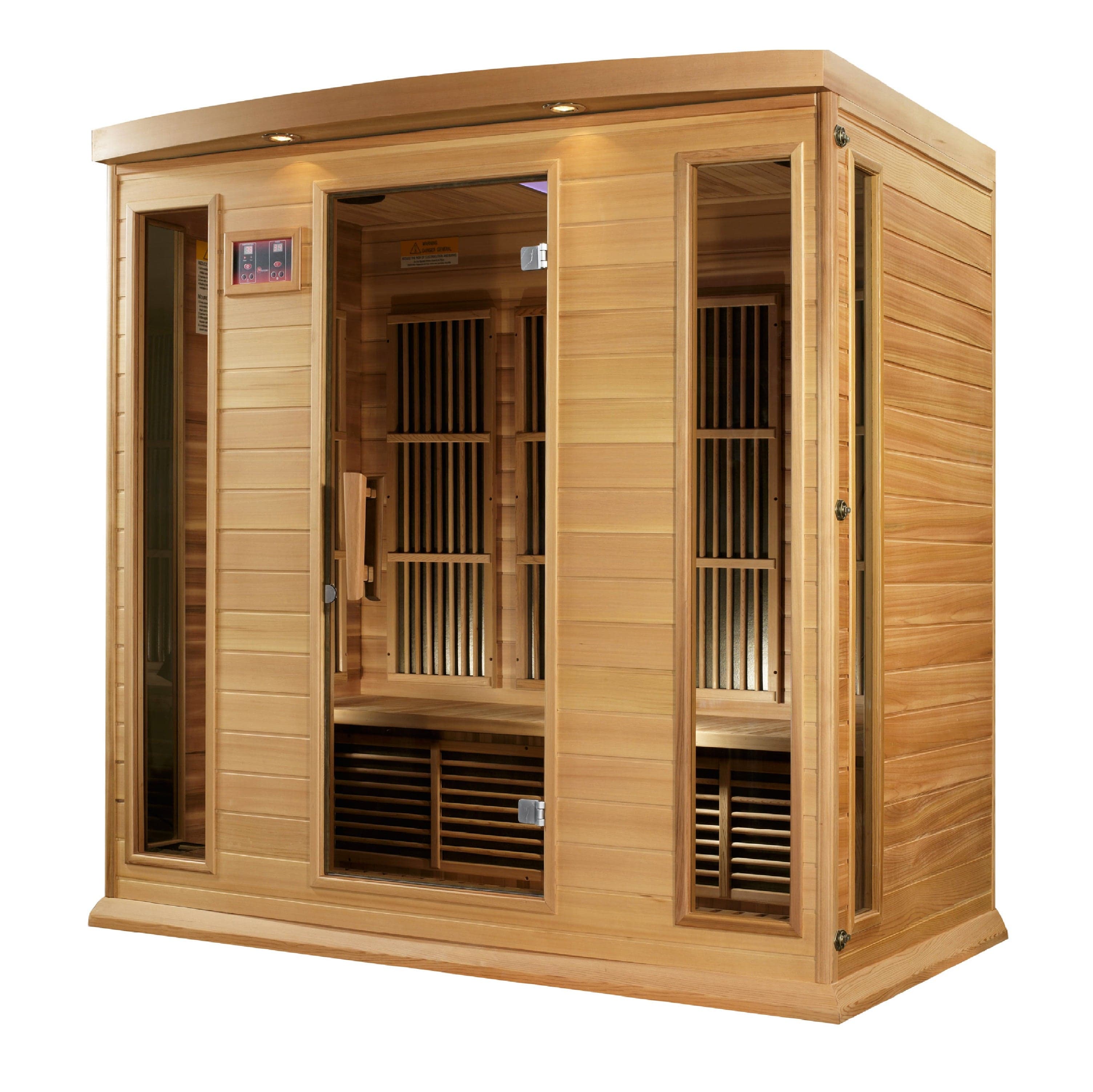 Spacious 4 person Maxxus infrared sauna interior crafted with natural red cedar wood and ergonomic seating for comfortable full body heat therapy sessions